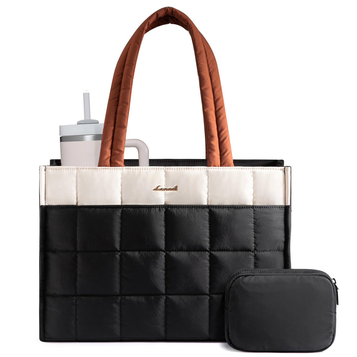 LOVEVOOK Tote Bag for Women, Puffer Work Handbag 15.6 Inch Laptop Purse for Nurse Teacher, Large Quilted Travel Tote Shoulder Bag with Zipper for College Office Clinical Gym, Cream-Black-Brown