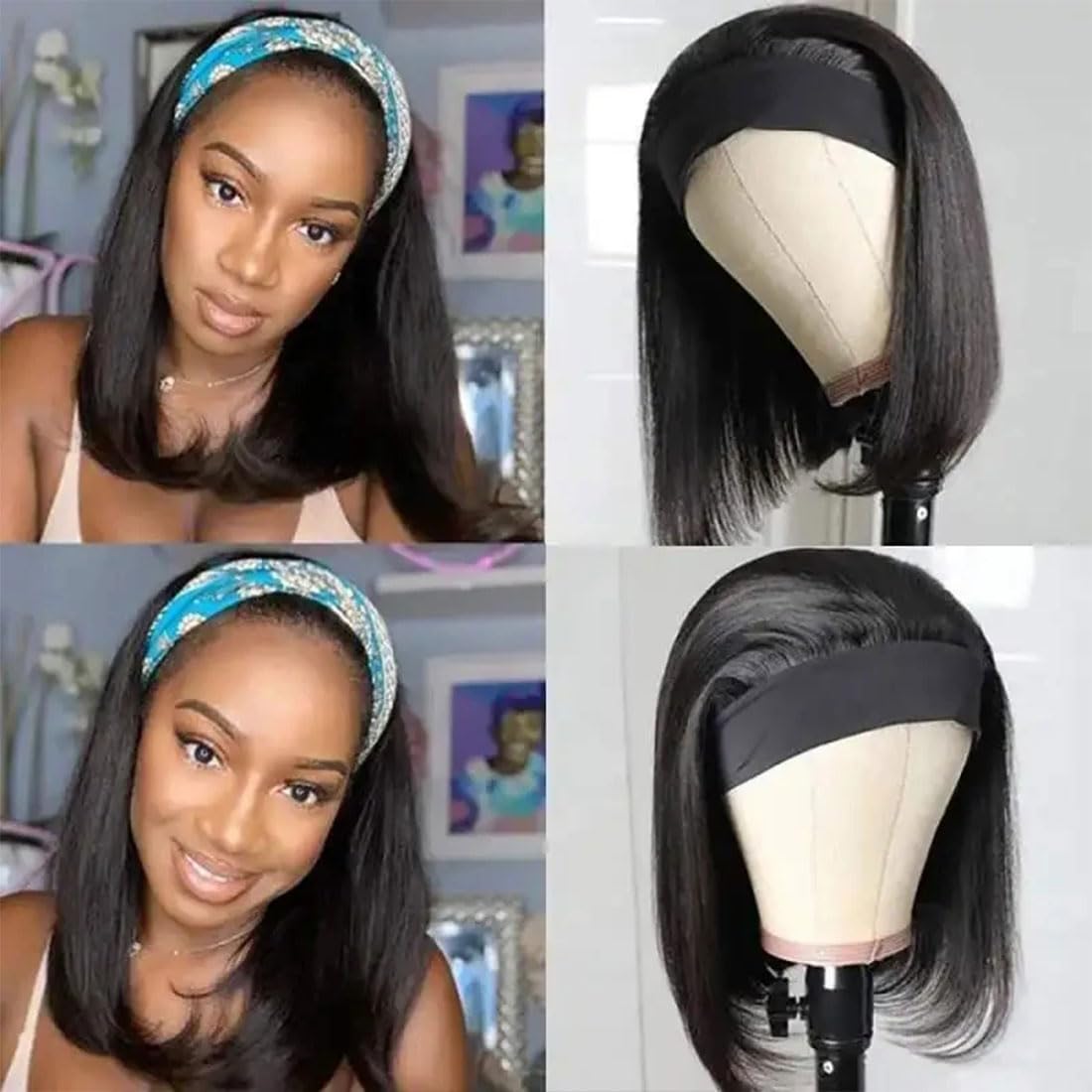 Annora Headband Wigs Human Hair Short Bob Wig Human Hair Straight bob Headband Wig Human Hair Remy Hair Easy Wear and Go Glueless WigsBob Headband Wigs for Women Black Color 150% Density 12 Inch