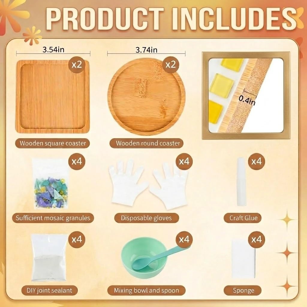 DIY Mosaic Kits for Adults & Beginners - Complete Mosaic Coaster Making Kit with Glass Tiles & Wooden Bases - Ideal Arts and Crafts Projects for Family, DIY Gifts, Christmas Ornaments, and Home Decor