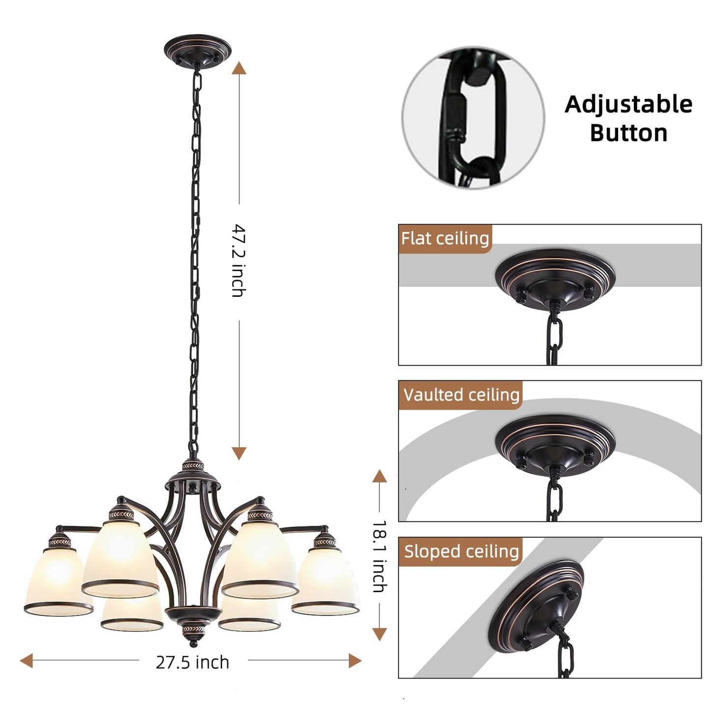 6-Light Chandeliers for Dining Room with Frosted Glass Black and Gold Strokes Modern 30’’Ceiling Hanging Light Fixtures Classic Pendant Lighting for Kitchen, Island, Dining Table, Adjustable Height