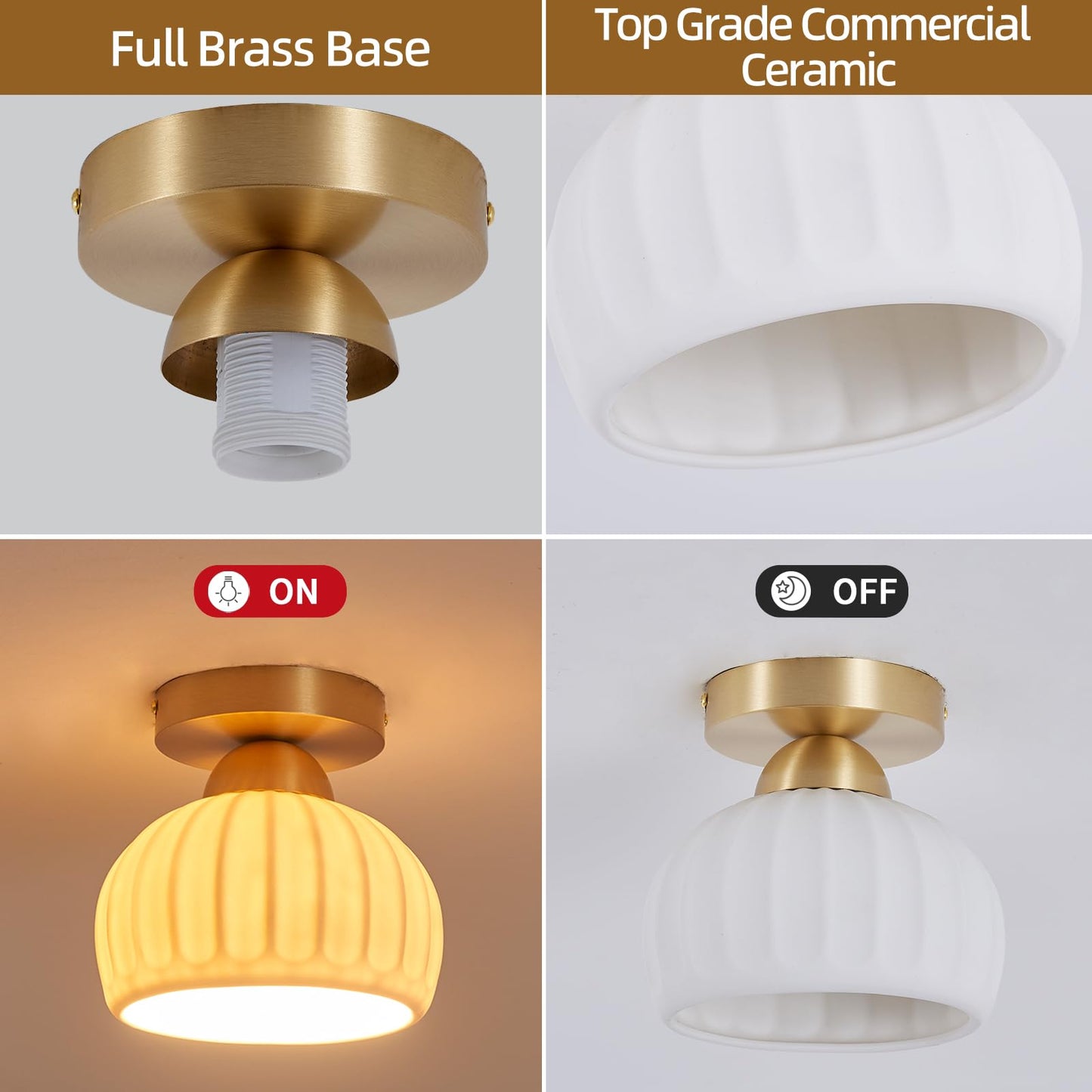 Fetason 2 Pack Ceramic Brass Semi Flush Mount Ceiling Light Vintage Hallway Light Fixtures, Modern Small Ceiling Mount Light Lamp for Hall Kitchen Entryway Passway Porch Foyer