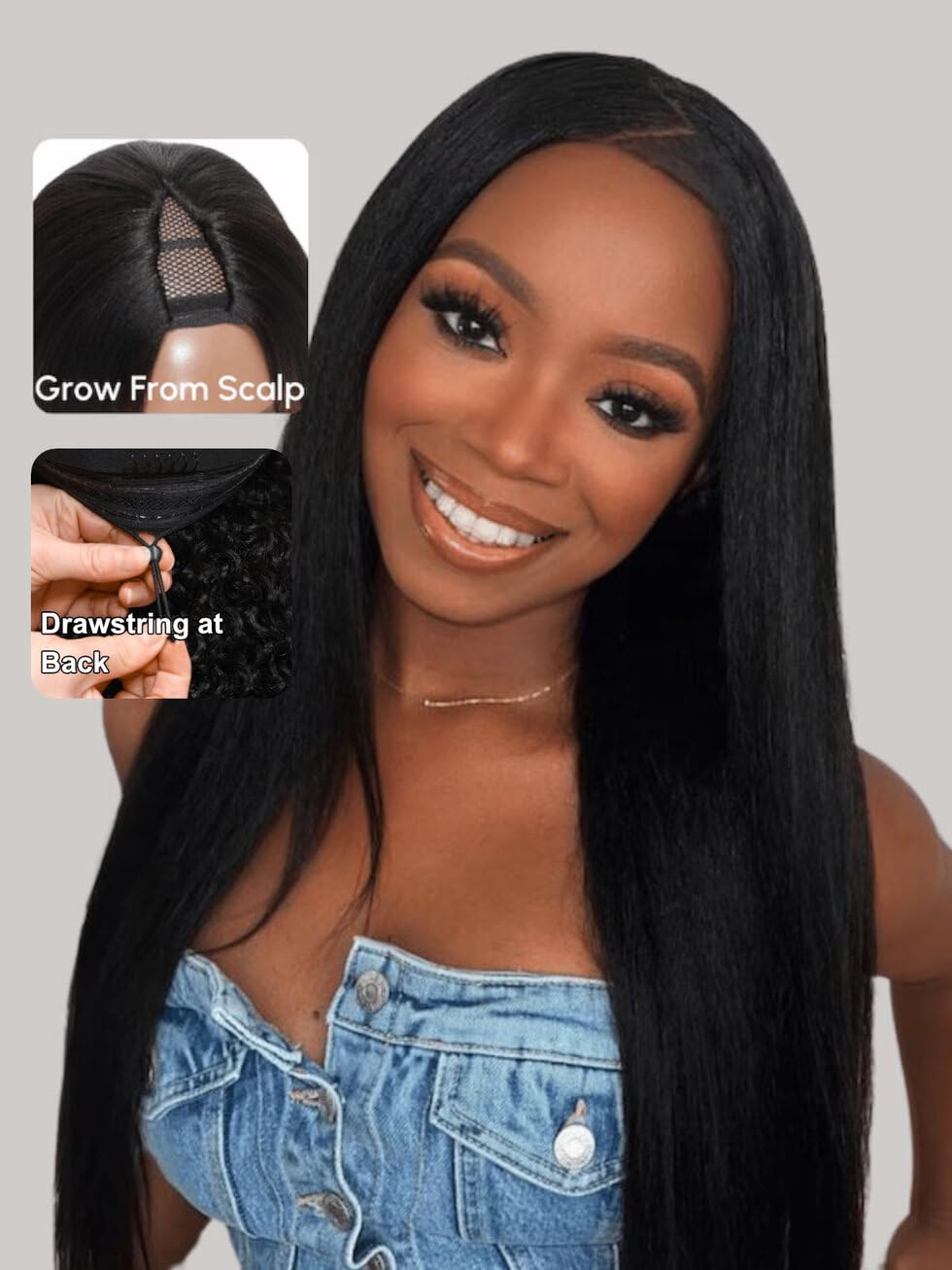 UNICE EasiContour V Part Wigs Human Hair Yaki Straight Glueless Clip in Vpart Wig Magic Leave Out Upgrade U Part Human Hair Wig Ready to Go Wig Beginner Friendly Natural Color 150% Density 18 Inch