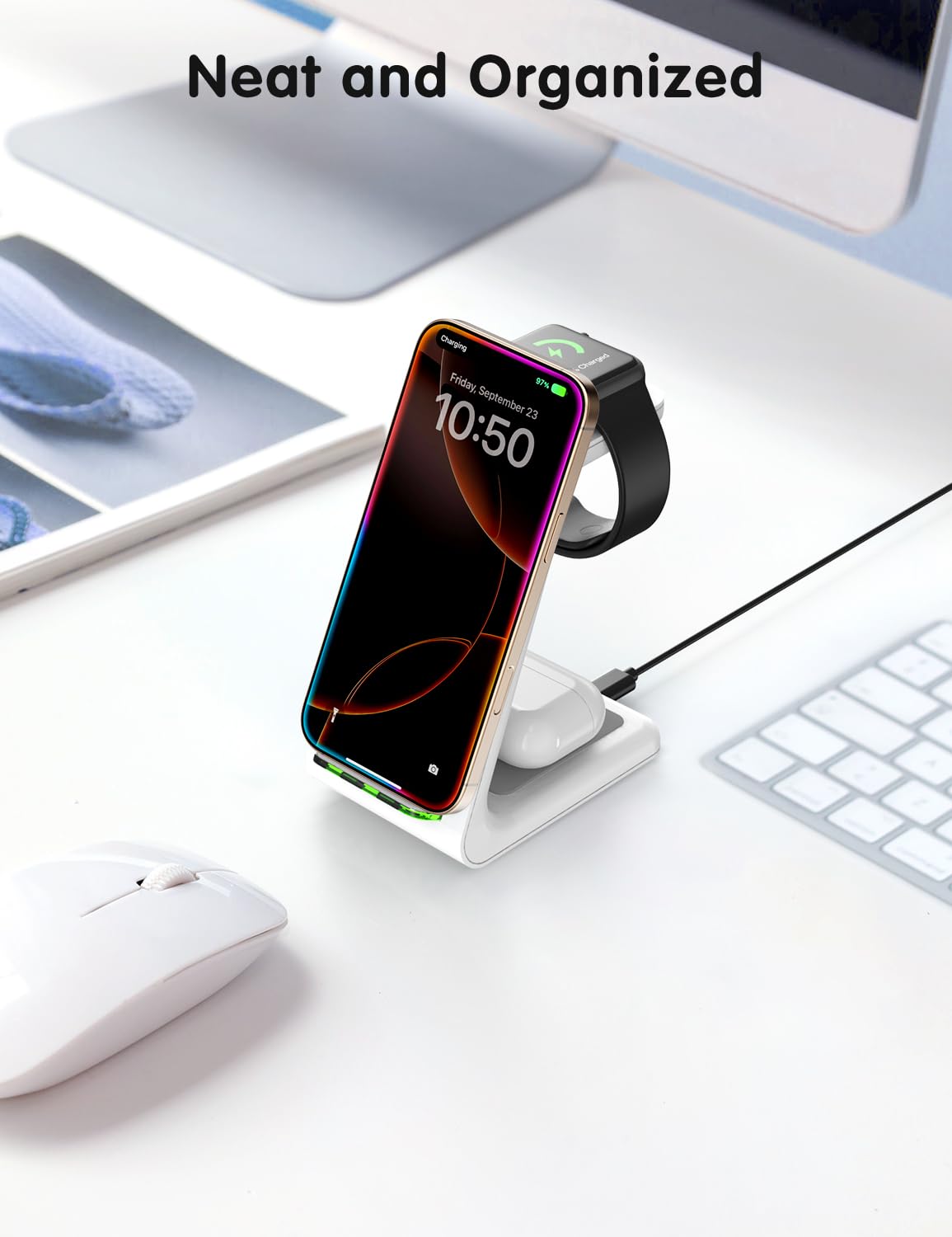 JoyGeek 3 in 1 Wireless Charging Station for Apple, Wireless Charger Stand for iPhone 16/15/14/13/12/11/SE/X/8 Pro Max Plus Mini, Charging Dock for Apple Watch Ultra/8/SE/7/6/5/4/3, AirPods Pro 2/3/2