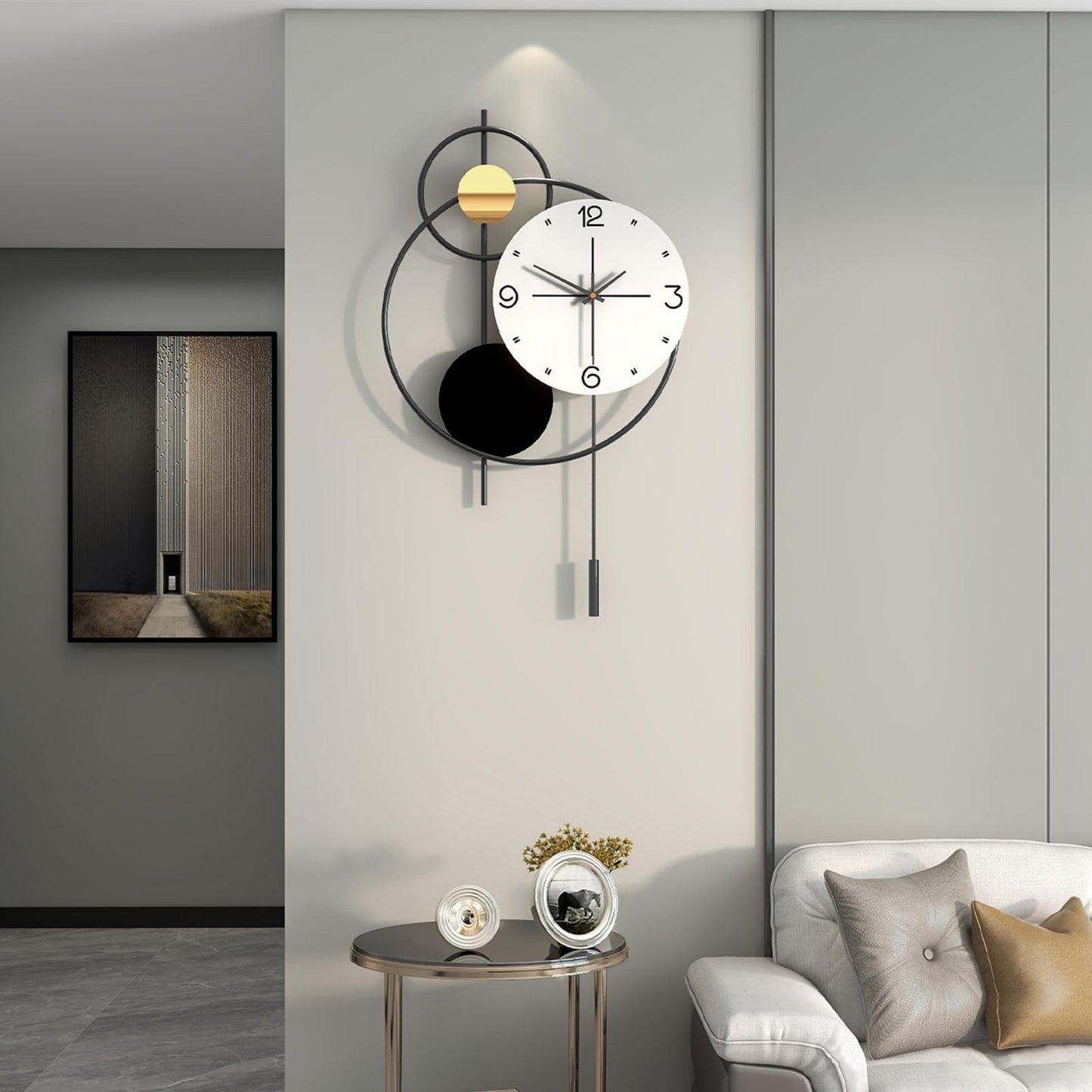 JUJUDA Large Modern Wall Clock for Living Room Decor 24 Inch Big Decorative Black Metal Wall Clock with Pendulum for Home Bedroom Kitchen Office Battery Operated Non Ticking Decoration Clocks Wall