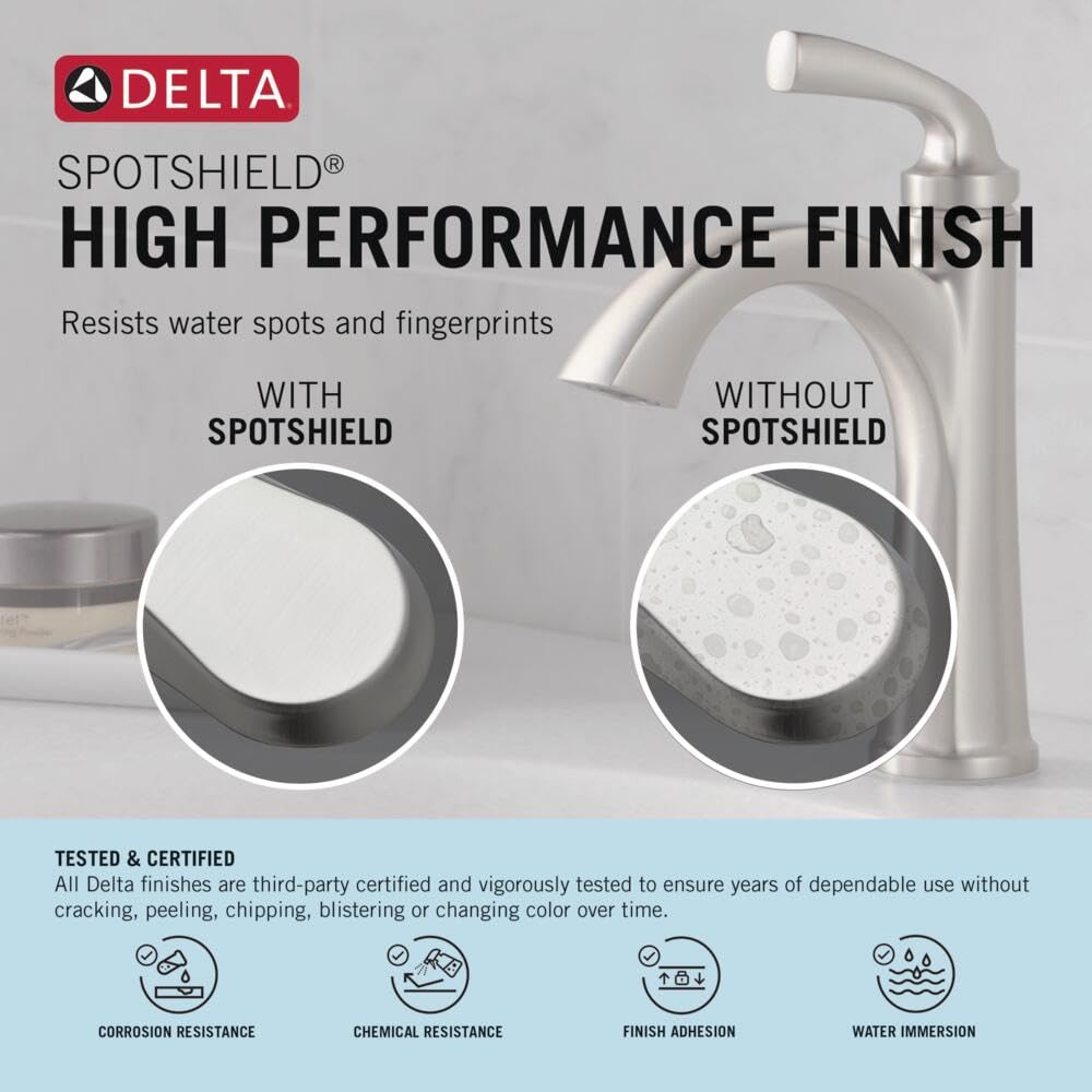 Delta Arvo Brushed Nickel Bathroom Faucet 1 Hole, Single Hole Bathroom Sink Faucet for Vanity, Push-Pop Drain Assembly, Spotshield Stainless 15840LF-SP