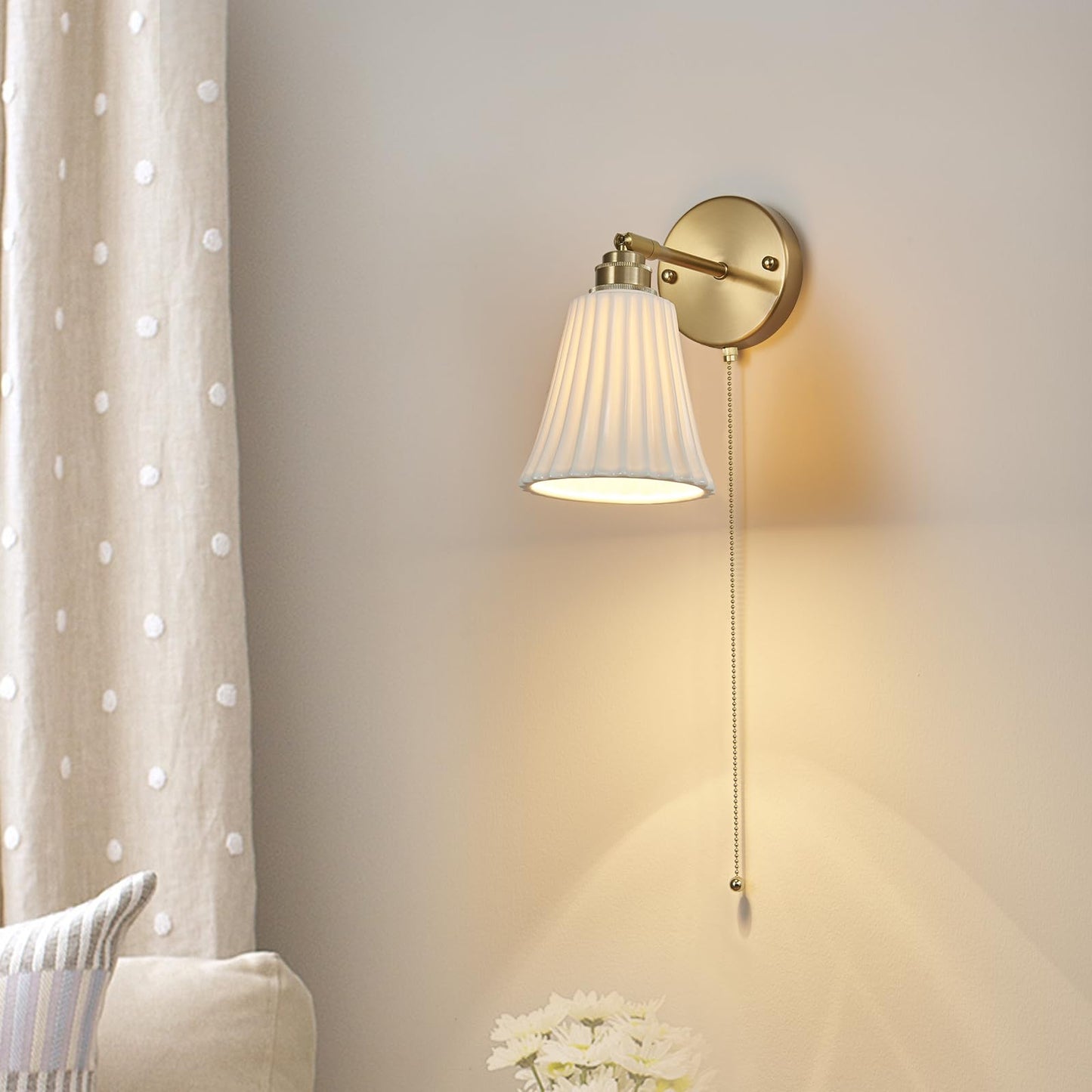 2-Pack Modern Gold Ceramic Hardwired Wall Sconces with Pull Chain Switch & Adjustable Arms – Indoor Wall Light Fixtures for Living Room, Bedroom, Kitchen & Home Office