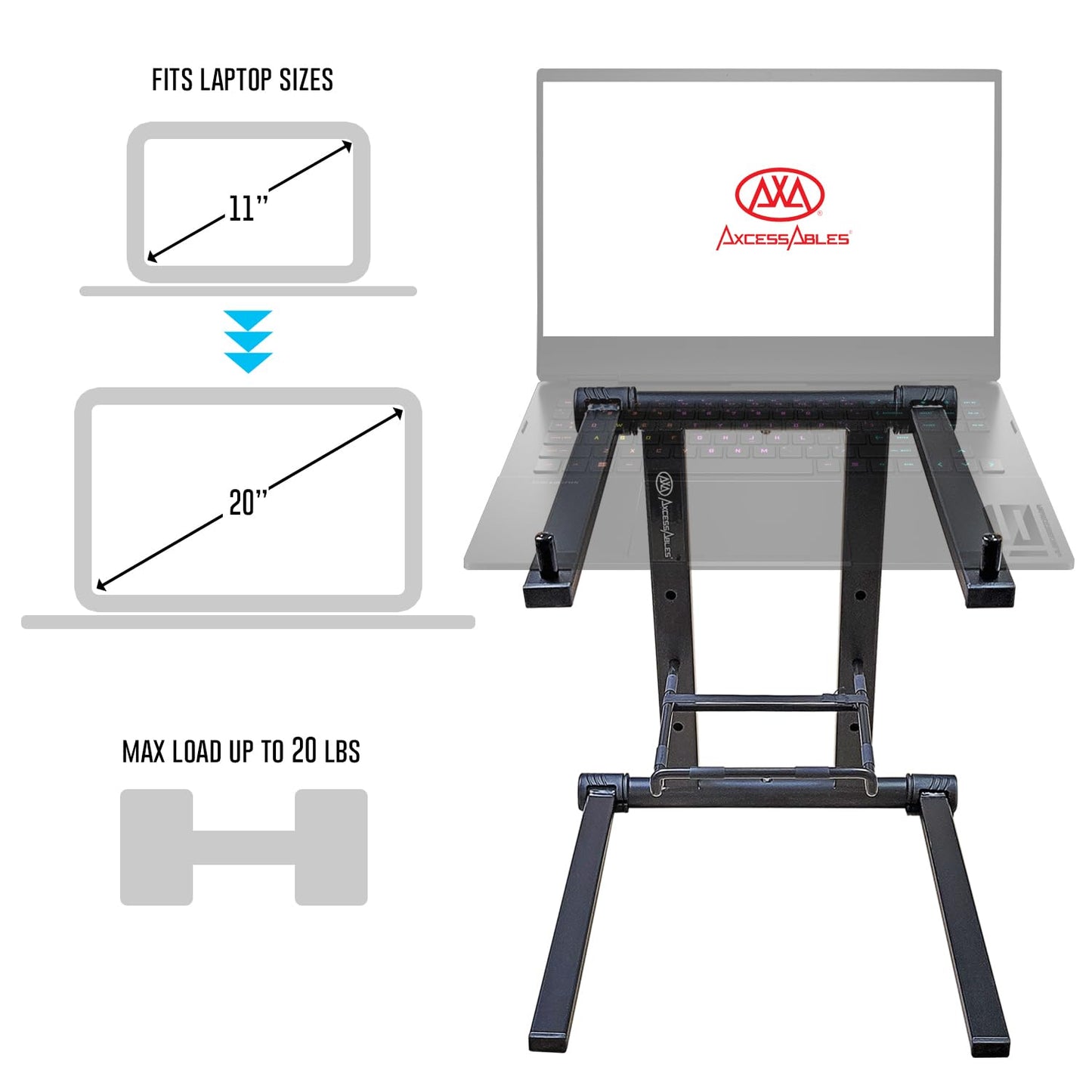 AXA AXCESSABLES DJ Laptop Stand with Travel Bag | Portable Foldable Aluminum Laptop Stand for Laptops up to 15 inches and 20lbs | No Assembly Required, Includes Carrying Bag