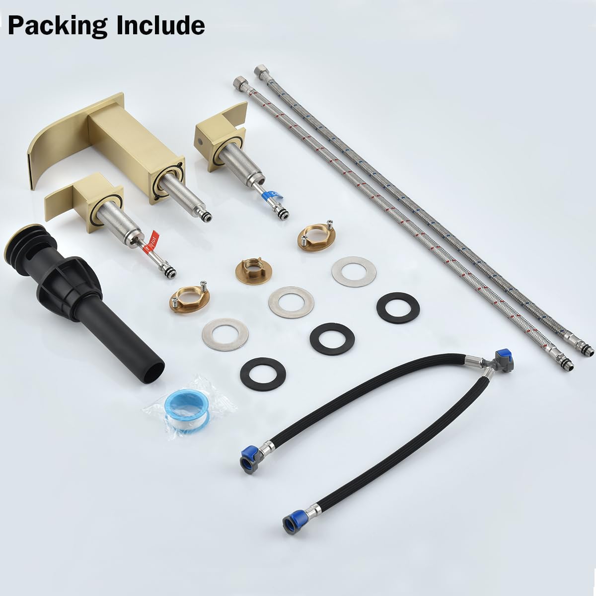 RANDOM Waterfall Bathroom Sink Faucet Brushed Gold 2 Handles 3 Holes SUS304 Stainless Steel Modern Vanity Faucet with Pop up Sink Drain Stopper and cUPC Water Supply Hoses
