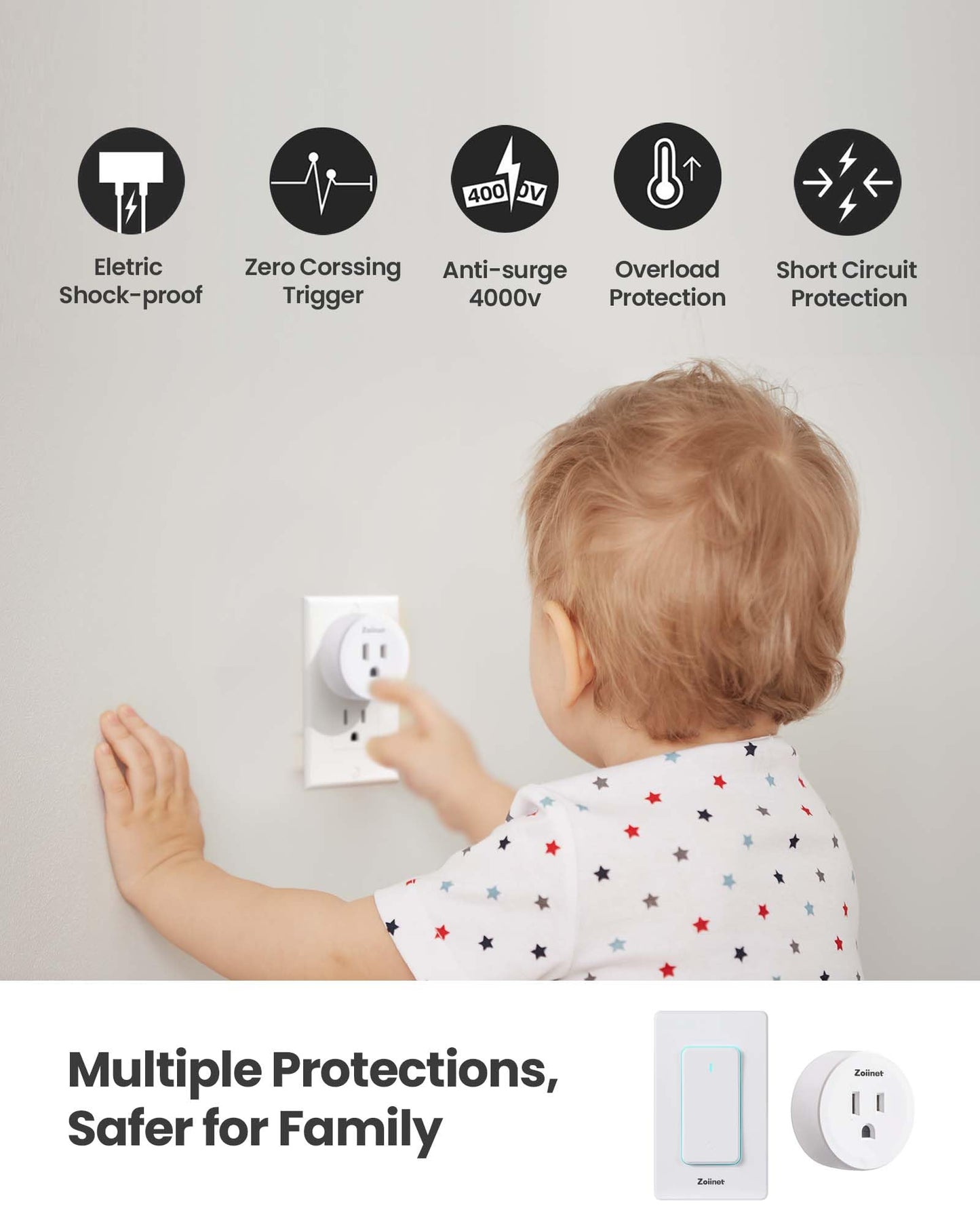 Zoiinet Smart Plug Switch, 2.4G WiFi Outlet, Compatible with Alexa, Google Home, Smart Life & IFTTT APP, Voice Control & Timer, Buckle Design & Removable, No Hub Needed, Programmable(2 Pack)