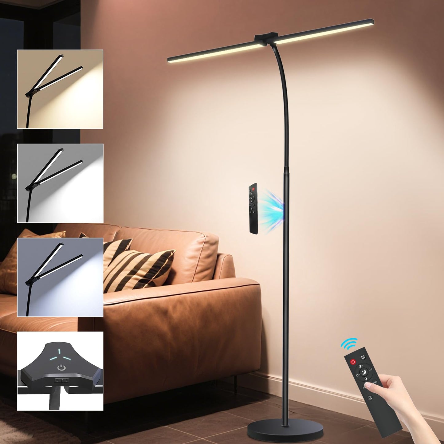 StarMoitic LED Floor Lamp for Living Room, 24W/2400LM Super Bright Dual Head Floor Lamp with Remote & Touch Control, Dimmable Reading Lamp with Adjustable Panels for Bedroom, Office, Craft & Sewing