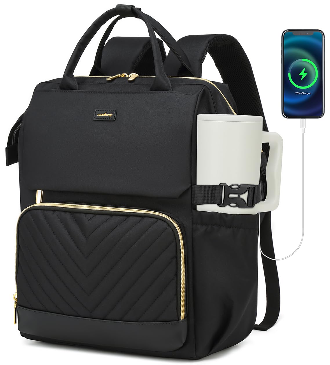 VANKANY Laptop Backpack for Women, College Bookbag School Backpack for High School Teen Girls, Work Bags with Cup Holder & USB Charger for Teacher Nurse Travel, Black