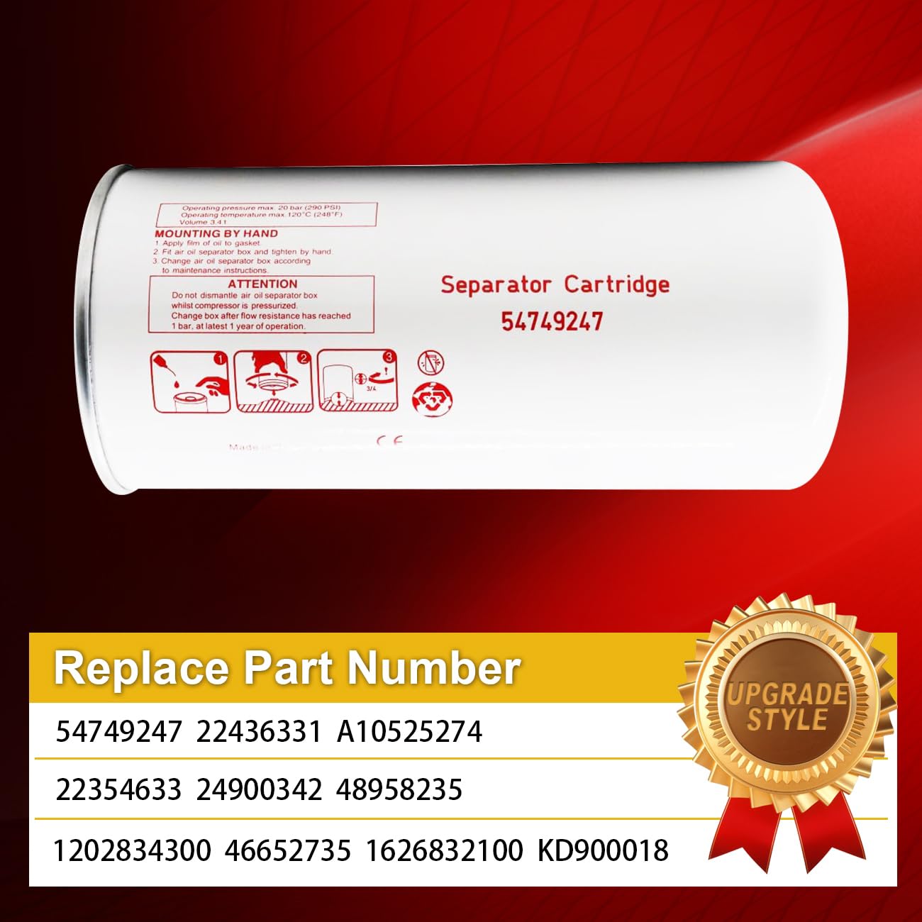 54749247 54672654 89295976 Air Oil Separator Filter Replace 22436331 A10525274 22354633 24900342 48958235 1202834300 46652735 1626832100 KD900018 Compatible with Air Compressor UP5 UP6 UP6-15 UP6-30