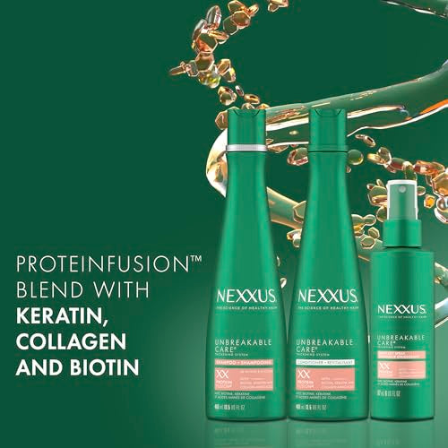 Nexxus Unbreakable Care Shampoo Conditioner and Leave-In Spray 3 Pack For Fine and Thin Hair with Keratin Collagen Biotin 13.5 oz 6 oz