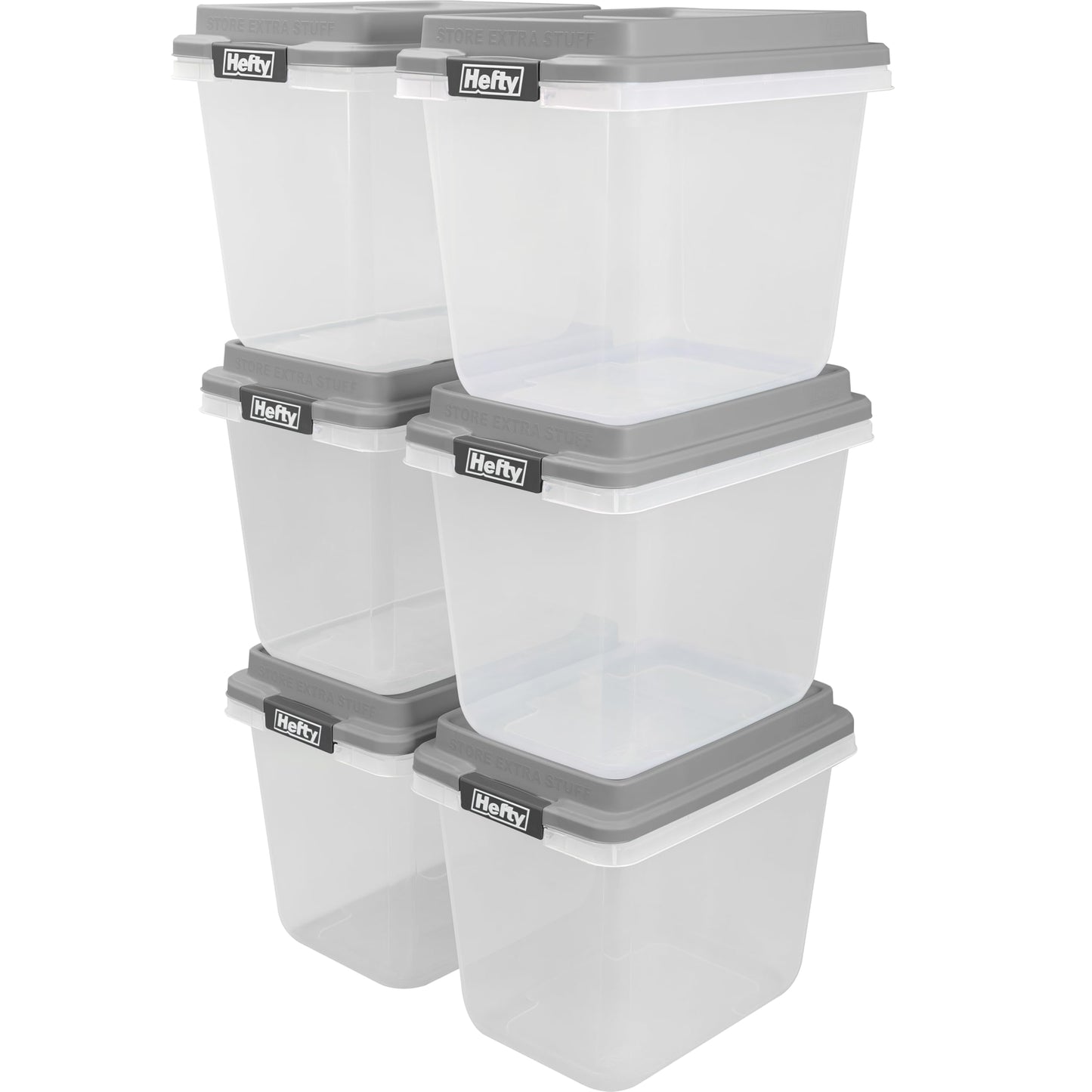 Hefty 32 Qt Hi-Rise Storage Bin with Lid, Stackable Plastic Storage Container, Organizer for Home, Garage & Closet, 6 Pack, Gray
