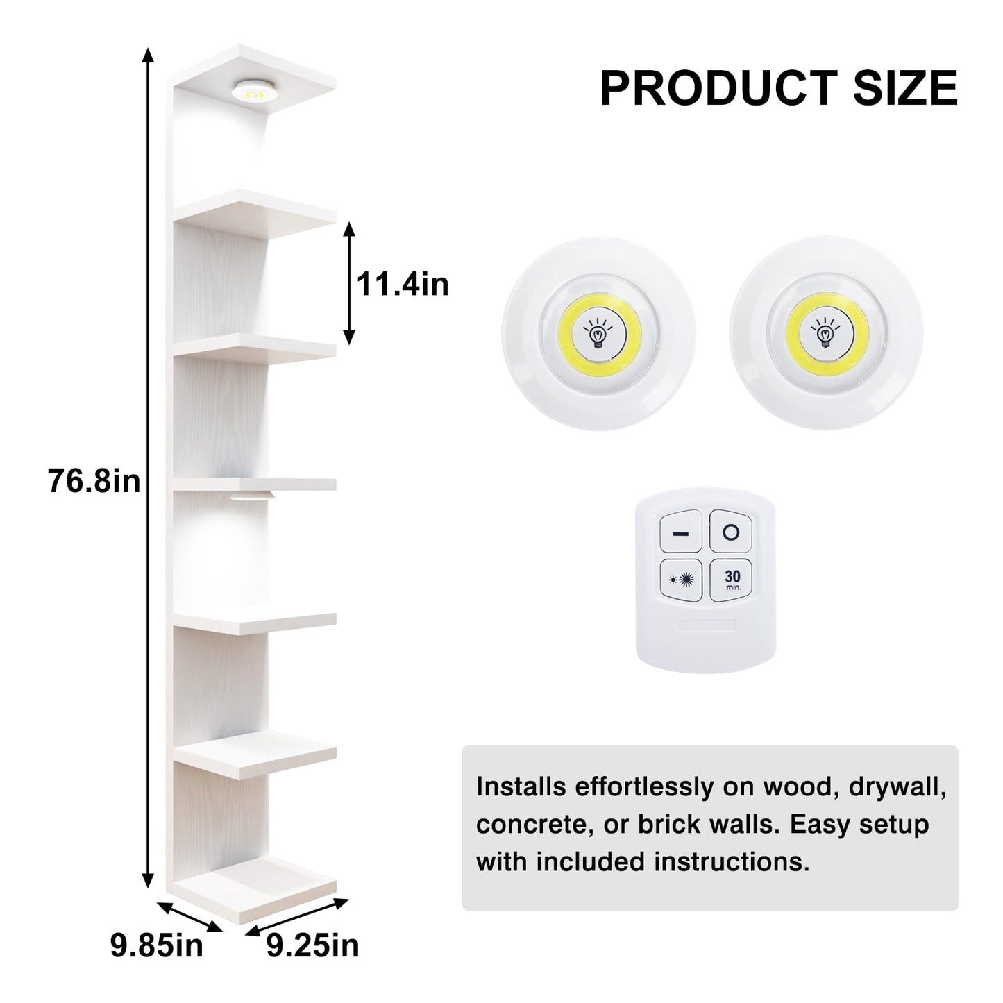 Fixwal Wall Decor 7 Tier Wall Shelf Unit Floating Shelves with LED Lights Lack Shelf for Home Organizer Display White