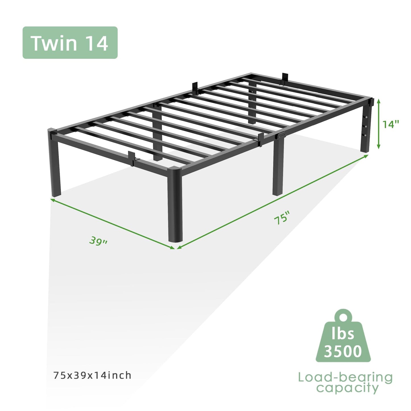 Cozy City Twin Size Bed Frame, 14 Inch Heavy Duty Metal Platform Bed Frame, Noise Free Steel Mattress Foundation, No Box Spring Needed, Spacious Under Bed Space