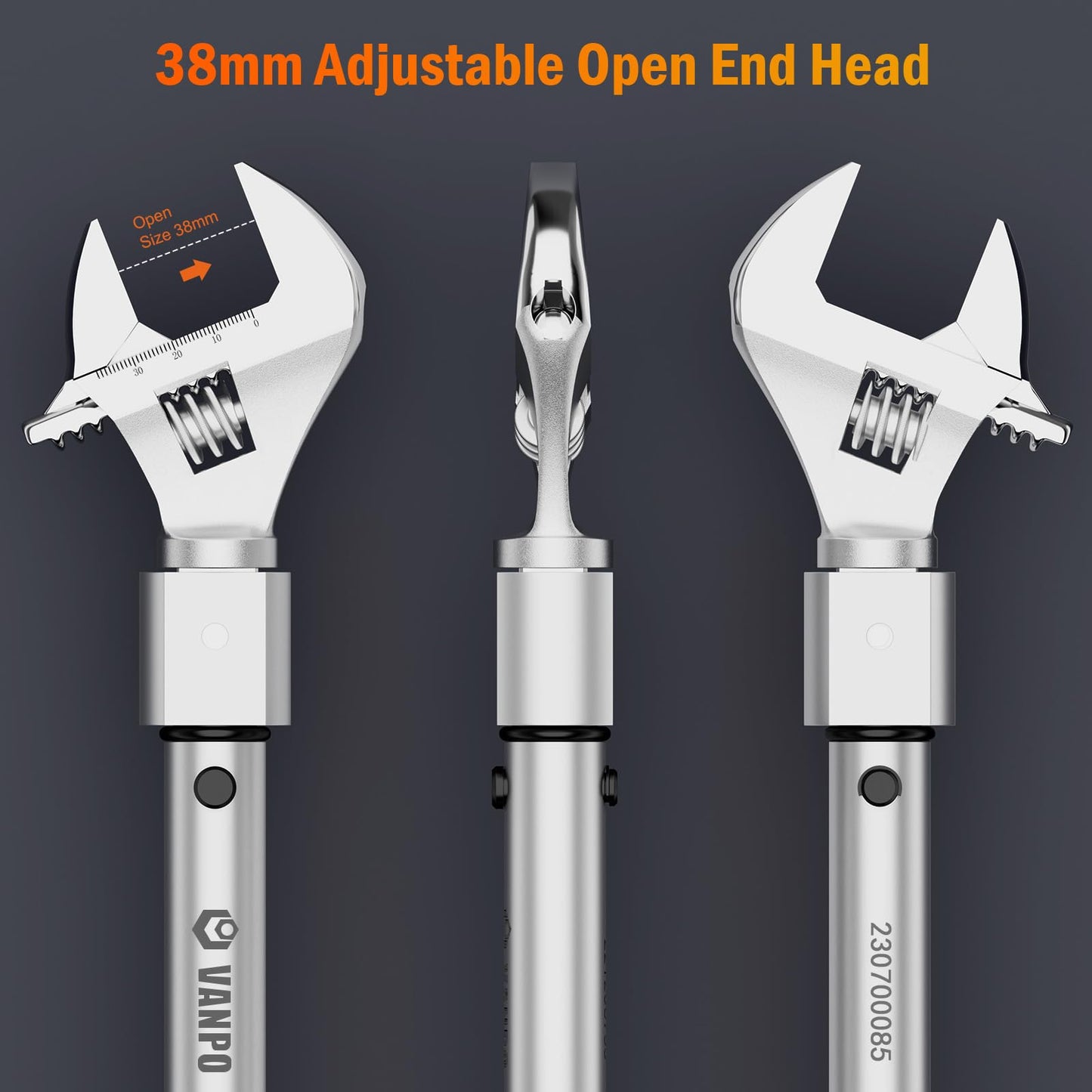 VANPO 3/8 Inch Drive Adjustable Torque Wrench, 5-45 Ft.lb/7-61 Nm, 38MM Open End Torque Wrench with Interchangeable Jaw & Ratchet Head for HVAC, Car, Moto, Narrow Pipeline