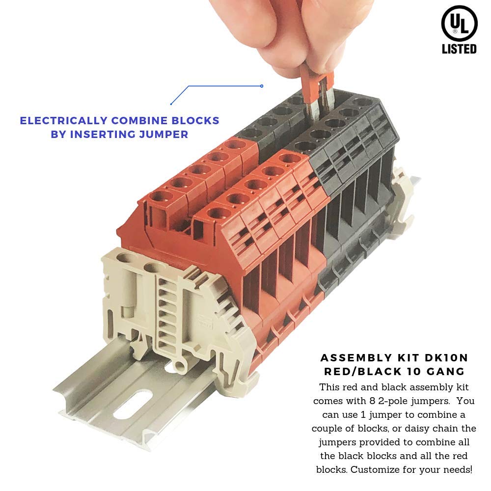 Dinkle Assembly Kit DK10N Red/Black 10 Gang with Jumpers DIN Rail Terminal Blocks, 6-20 AWG, 60 Amp, 600 Volt