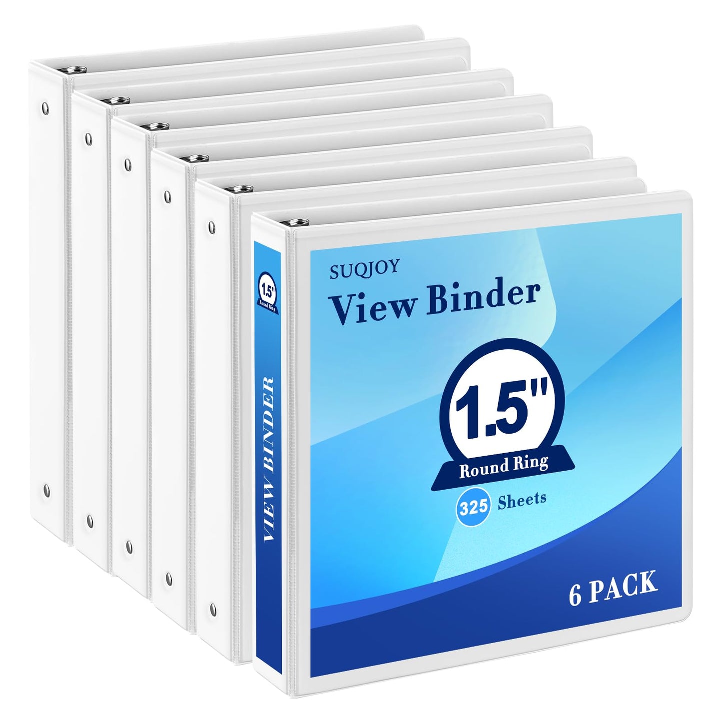 SUQJOY 1.5-Inch 3-Ring Binder with Pockets, 1-1/2’’ Clear View Binders,PVC Free, White Binder Holds up to 325 Sheets US Letter Size, Perfect for School,Office and Home(6 Pack)