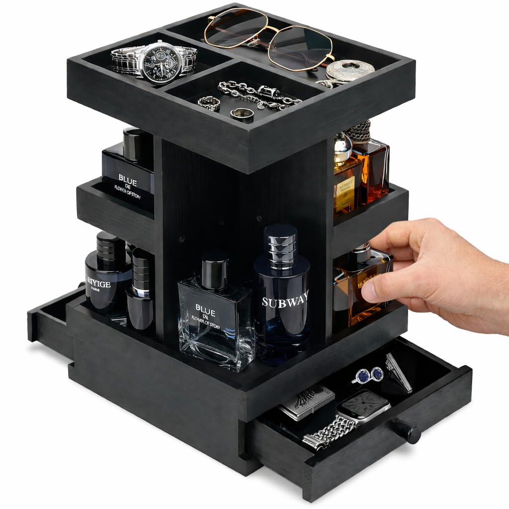 VYNOPA Rotating Cologne Organizer for Men – Black Wooden Perfume Stand with Dual Drawers, Multi-Tier Fragrance Display & Jewelry Storage for Dresser or Bathroom
