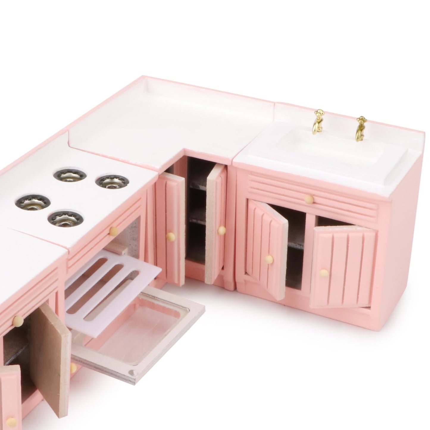 Miniature Furniture Dollhouse Kitchen Cabinets Set 1:12 Scale Wooden Model Freely Combined 4PCS Mini House Accessories Furnishings Kit Decoration Gift (Pink)