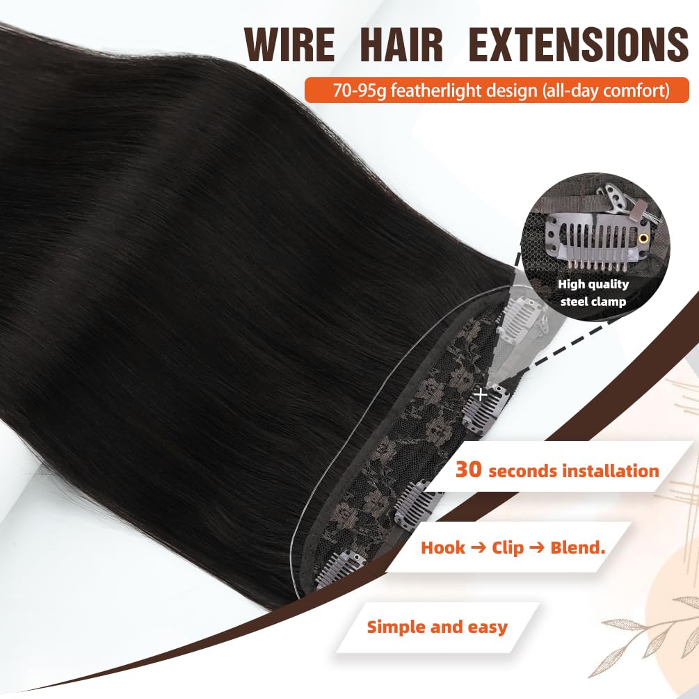 Invisible Wire Hair Extensions Real Human Hair - 16 Inch 80G Jet Black Transparent Fish Line Clip-Ins Hair Piece, 100% Remy Human Hair Extensions for Women