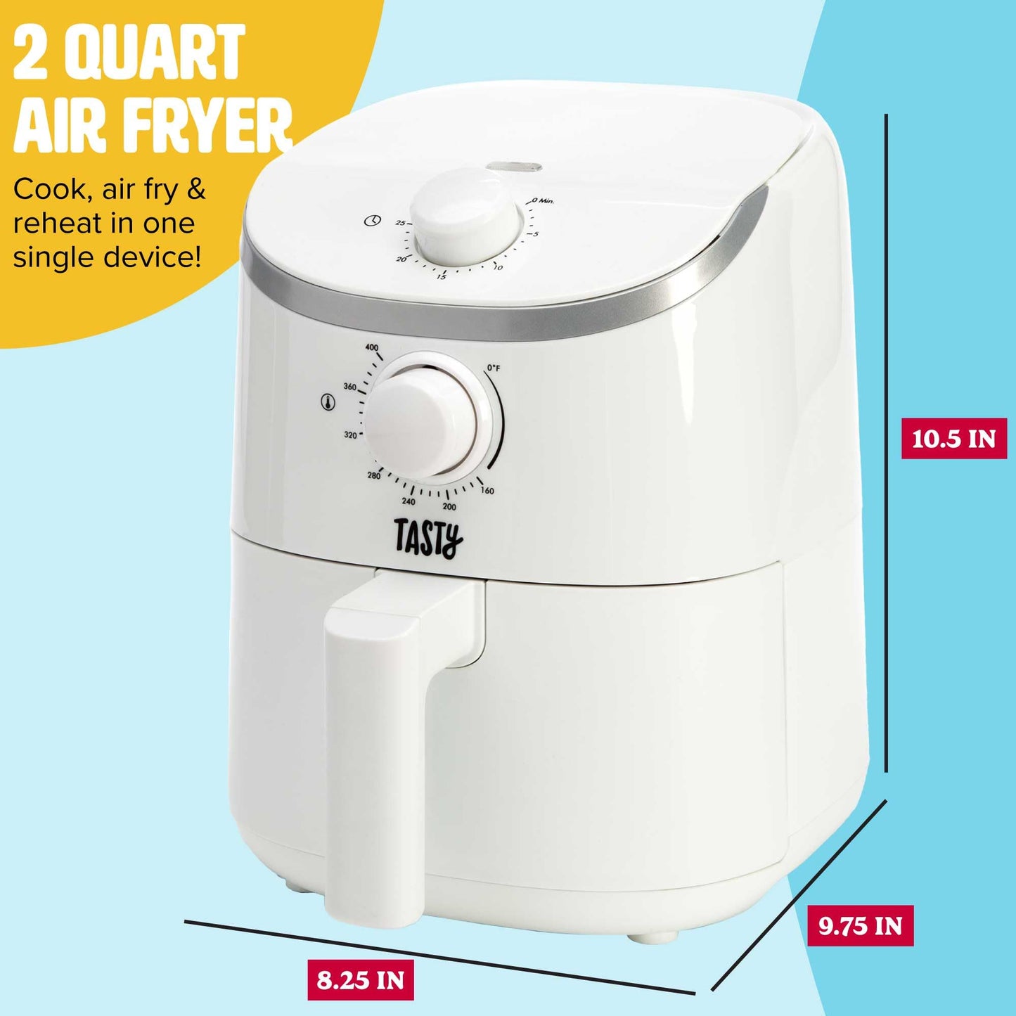 Tasty Personal Air Fryer, Healthier Meals in Minutes, Adjustable Temp Control up to 400°F, Easy-to-Use Design, Nonstick Basket and Tray Made without PFAS, PFOA, PFOS & PTFE, 900 Watts, 2-Quart, White