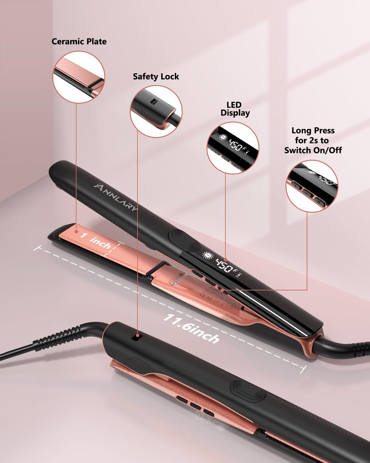 Annlary Hair Straightener, 1 Inch Flat Iron Hair Straightener and Curler 2 in 1, Professional Ceramic Ionic Dual Voltage Flat Iron with Anti-Iron Silicone for Less Frizz, Shinier & Smoother Hair