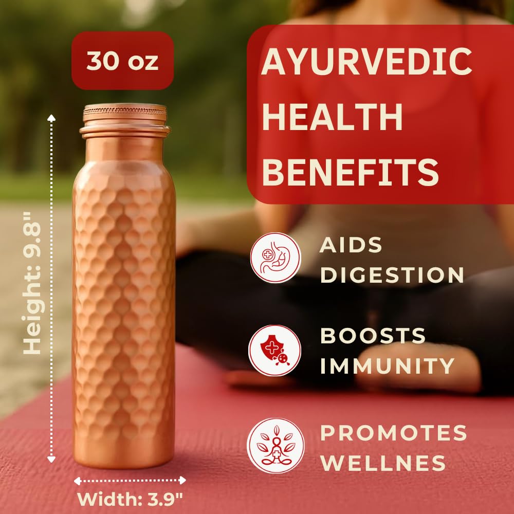 STORE INDYA Copper Water Bottle for Drinking Water 30 oz | 100% Pure Copper Ayurvedic Water Bottle with Leak-Proof Lid | Hammered Finish for Better Grip | Wellness Flask for Yoga, Office, Gym use
