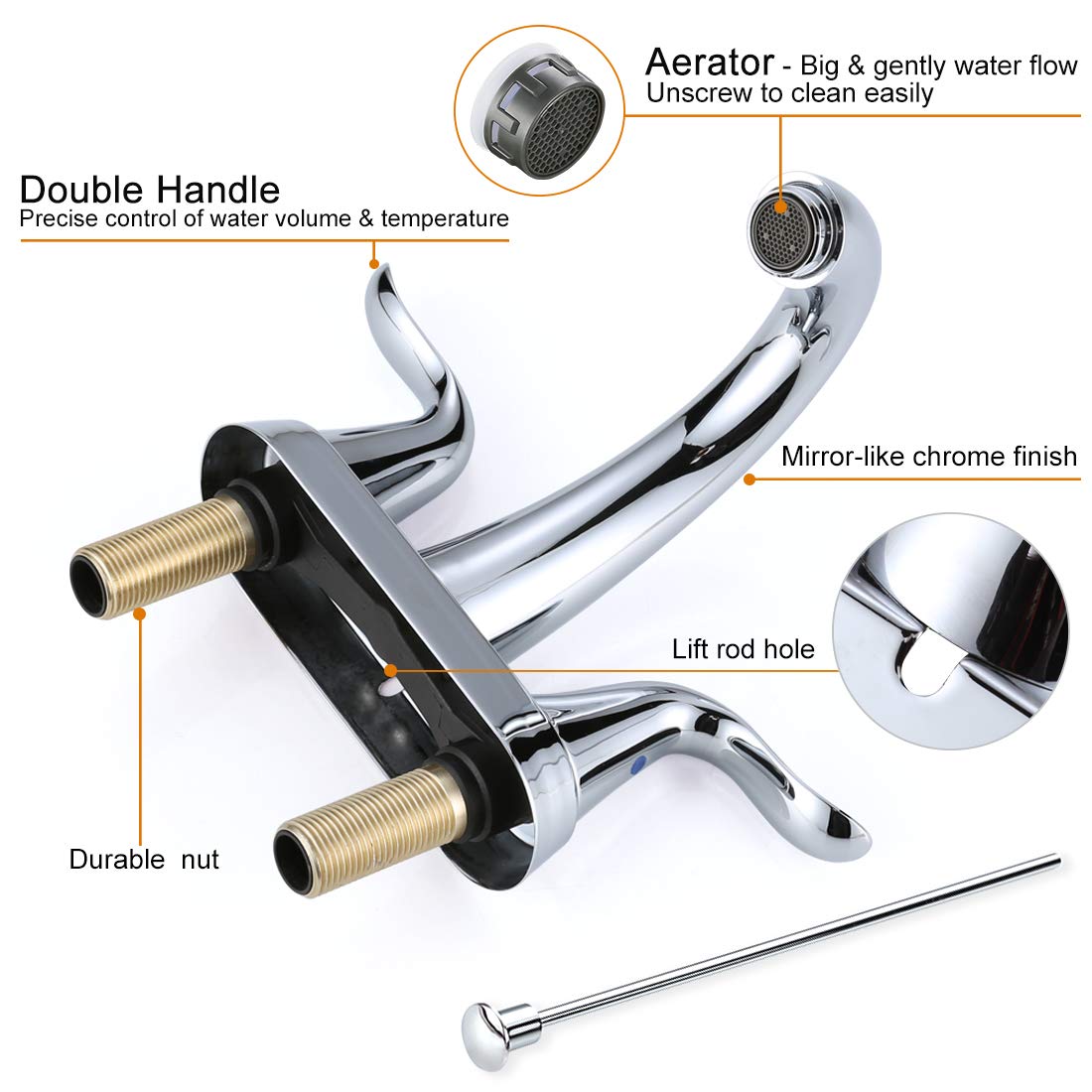WOWOW Bathroom Faucet 2 Handle 4 Inch Centerset Bathroom Sink Faucet Lead-Free Basin Mixer Tap Lift Rod Drain Stopper, Two-Handle Center-Set Lavatory Faucet Chrome
