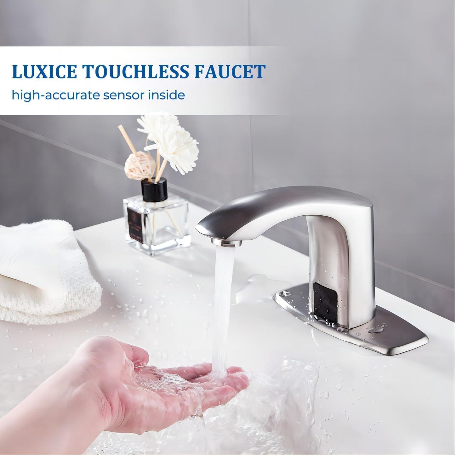 Luxice Sensor Automatic Touchless Bathroom Sink Faucet Hot & Cold Mixer Cover Plate Included Faucet, Brushed Nickel
