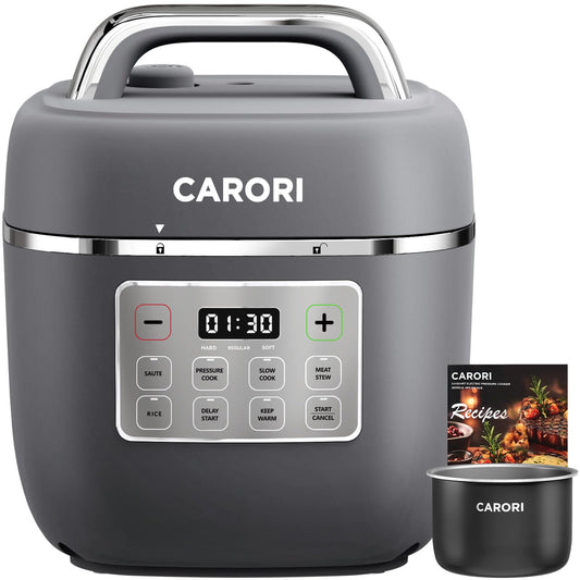CARORI Electric Pressure Cooker 3QT, 8-Function Compact Multi-Cooker with Ceramic Nonstick Pot for Saute, Pressure Cook, Slow Cook, Meat Stew, Rice, Delay Start, Keep Warm, Safe Venting, Gray