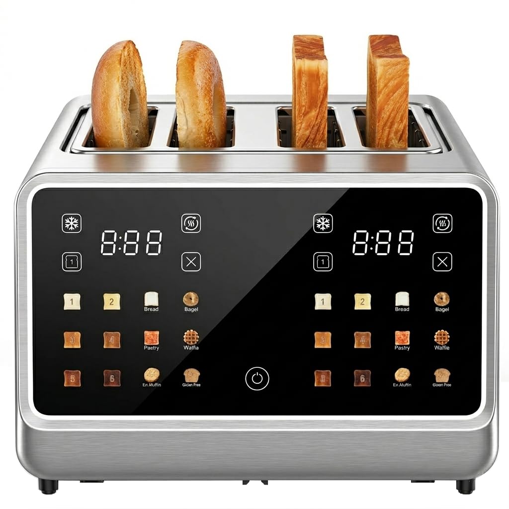 DEAR MORNING 4 Slice Touch Screen Toaster with LCD Display Stainless Steel Digital Toasters 6 Bread Types& 6 Shade Settings Smart Extra Wide Slots Toaster With Bagel Cancel Defrost Reheat Functions
