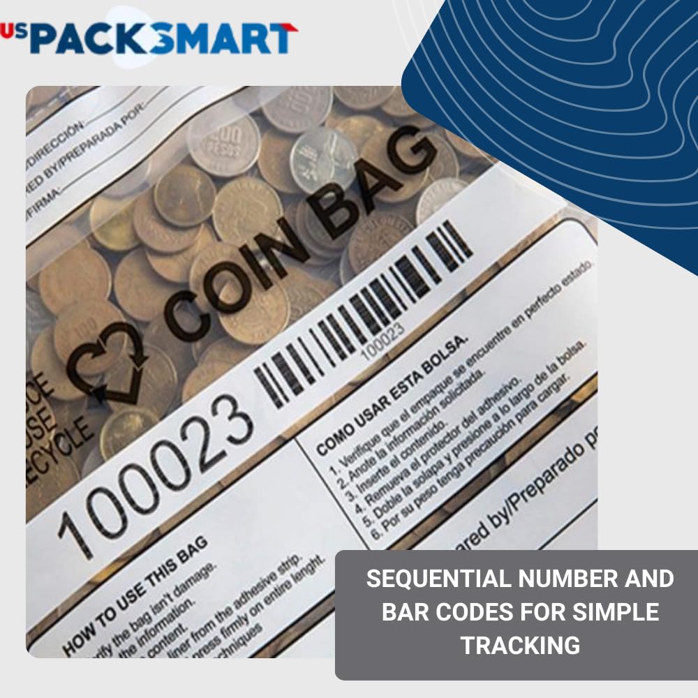 USPACKSMART Clear Plastic Coin Bag 12.5" x 21.5" | 50 lb. Capacity | Sequential Barcode Number, Self-Sealing, Permanent Adhesive | Ideal for Handling and Transport of Coins and Casino Chips | 50-Pack