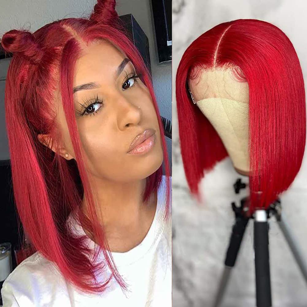 Mysyty Burgundy Bob Wigs Human Hair Natural Hairline13x4 Straight Short Bob Wig for Woman Wine Red Glueless Bob Wig Human Hair Pre Plucked 180% Density 14 Inch