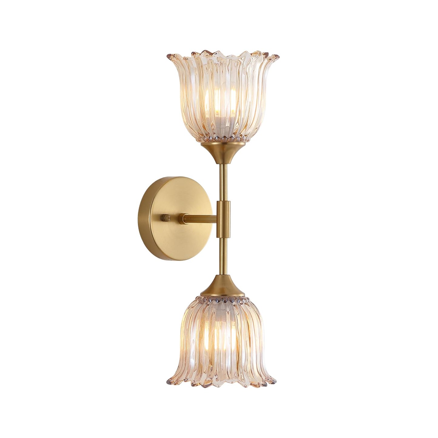 BYOLIIMA 2-Lights Gold Wall Sconce with Amber Glass Shades Modern Mid Century Bathroom Vanity Wall Light Fixtures Industrial Brushed Brass Wall Lamp for Bedroom Mirror Living Room Restaurant