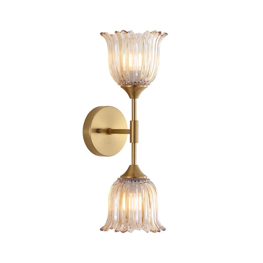 BYOLIIMA 2-Lights Gold Wall Sconce with Amber Glass Shades Modern Mid Century Bathroom Vanity Wall Light Fixtures Industrial Brushed Brass Wall Lamp for Bedroom Mirror Living Room Restaurant