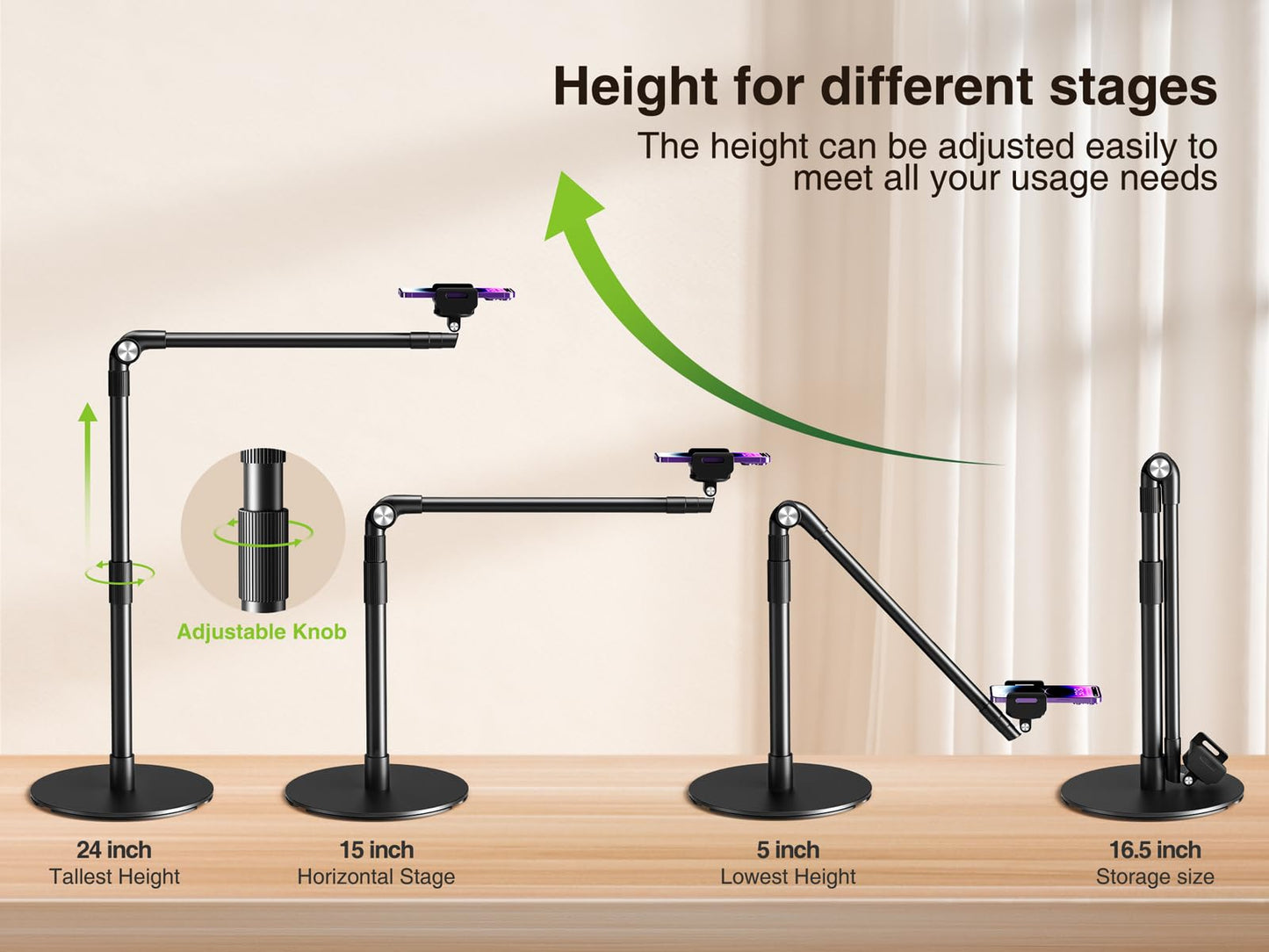 elitehood Heavy Duty Aluminum Overhead Phone Stand, 15 in Long Arm iPhone Holder for Video Recording, 360 Degrees Swivel Tilt Overhead Phone Mount for Filming, Meeting, Cooking, Painting and Crafting