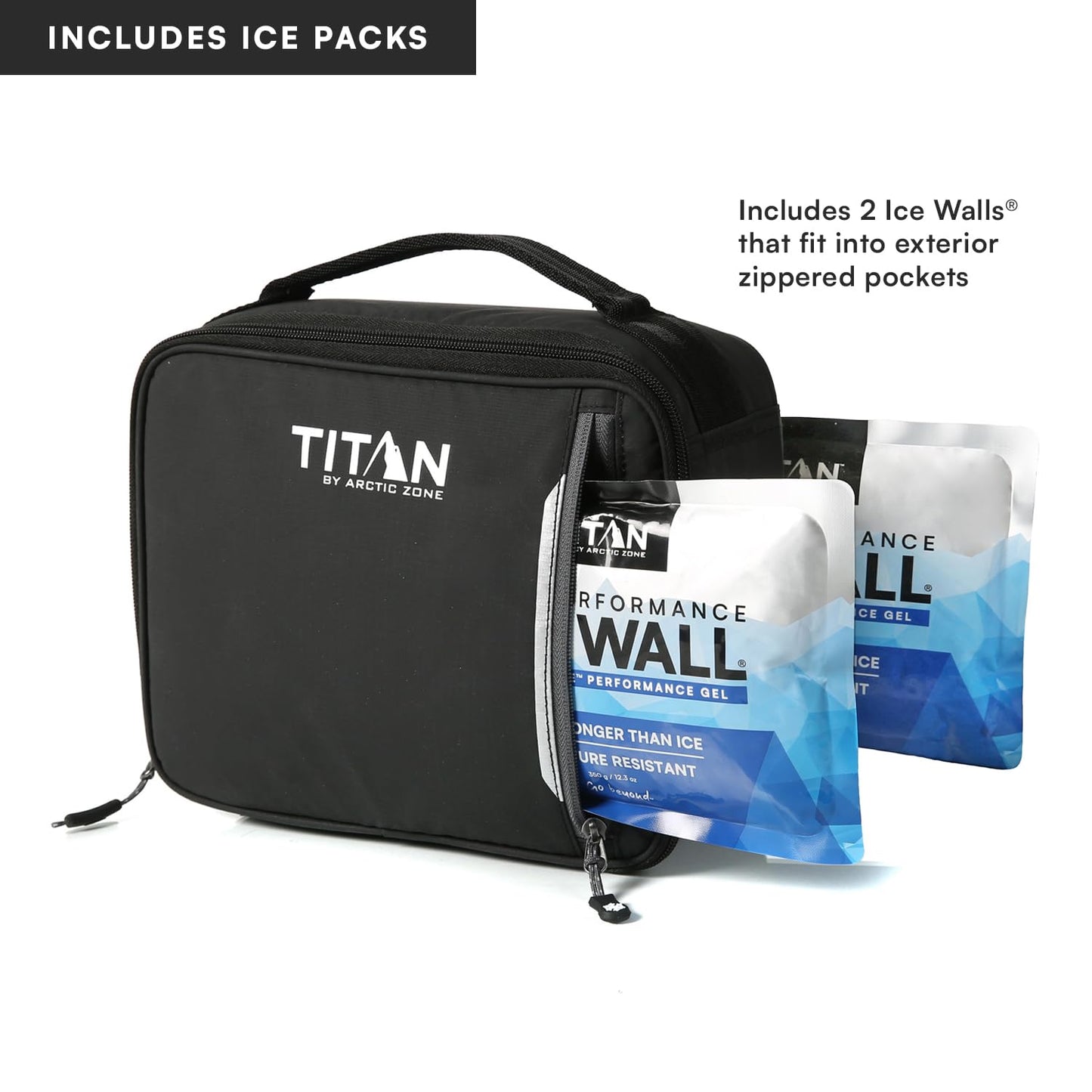 Titan by Arctic Zone Fridge Cold Lunch Box with 2 Gel Ice Packs, Small Insulated Cooler Bag with Leak Proof Lining for School and Work, Black Ice