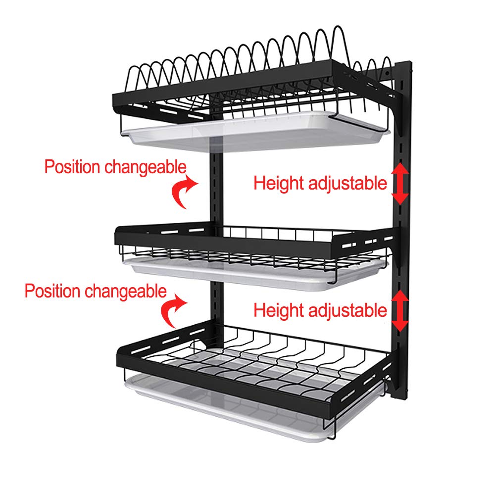 junyuan Hanging Dish Drying Rack Wall Mount,Dish Racks Drainer,3 Tier Kitchen Plate Organizer Storage Shelf with Drain Tray with 3 Hooks,Stainless Steel Black Large Ajustable Height