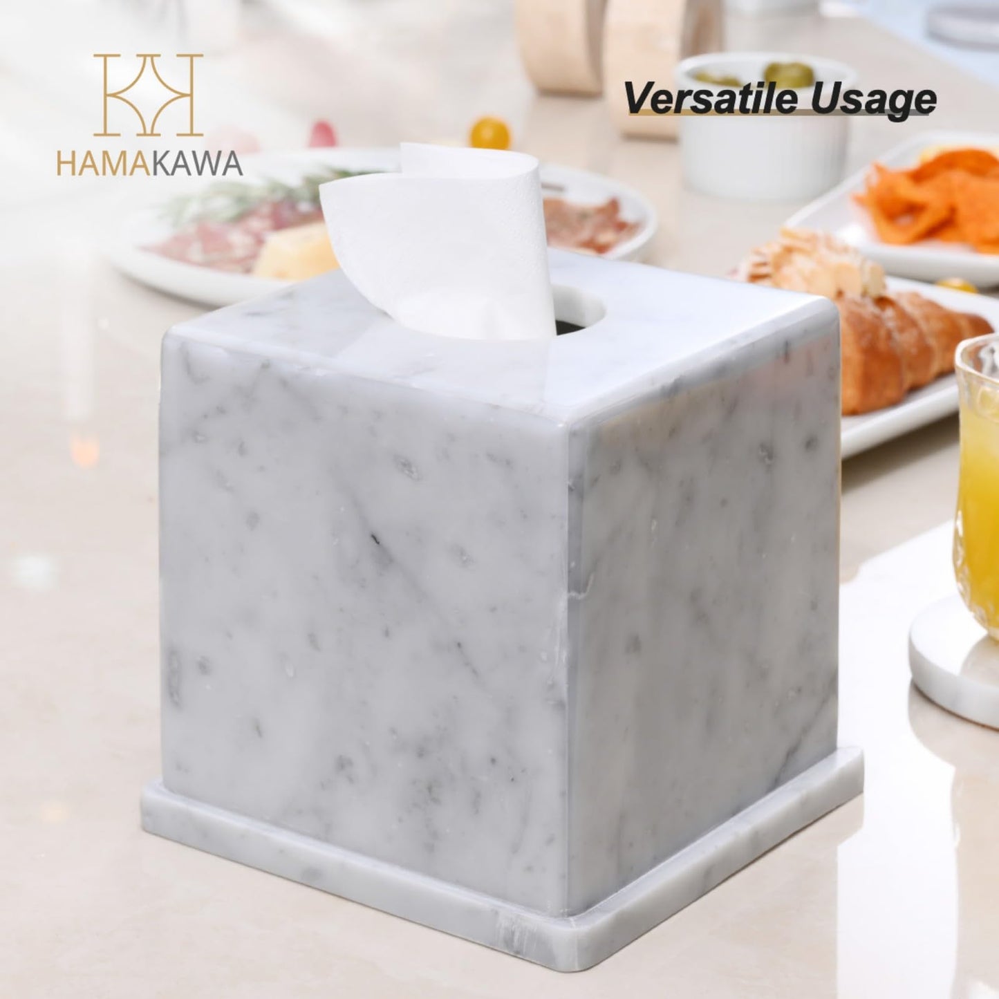 HAMAKAWA Natural Marble Tissue Box Cover, Carrara White Tissue Organizer 6 X 6 X 5.7 Inch, Heavy Stone Decorative Box, Square Tissue Box Holder for Home Decor, Kitchen, Bathroom