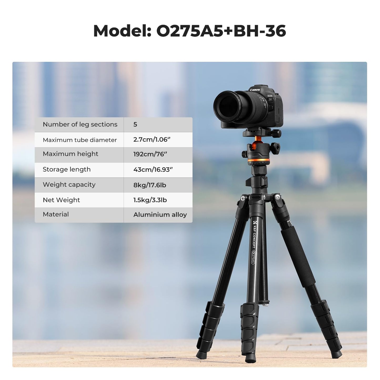 K&F Concept 75.6 inch/192cm Camera Tripod, Heavy Duty DSLR Tripods with 360 Degree Ball Head Load Capacity 8kg/17.6lbs, Detachable Monopod, Cellphone Clip for Smartphone O275A5+BH-36
