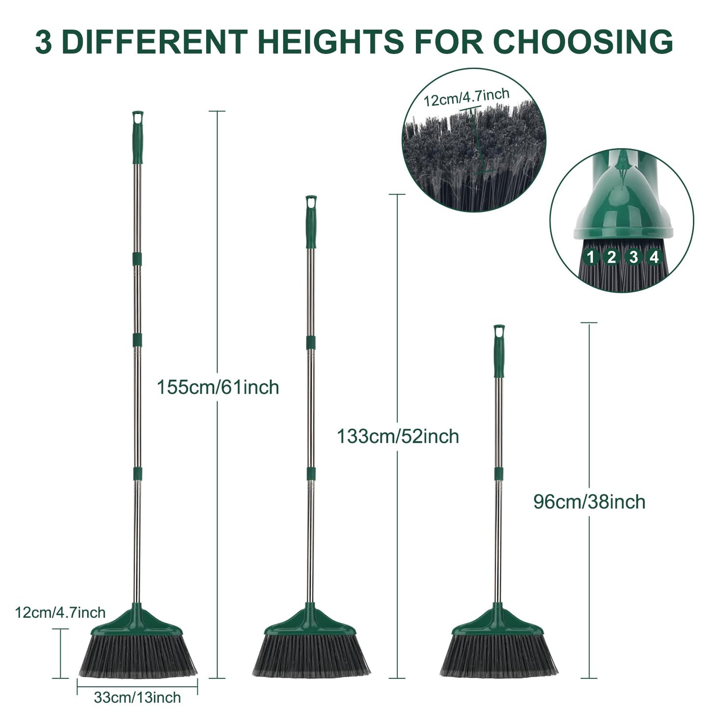 4 PCS Heavy Duty Broom Outdoor/Indoor Commercial Broom with 61" Long Handle,Perfect for Home Garage Kitchen Office Lobby Room Floor,Black and Green
