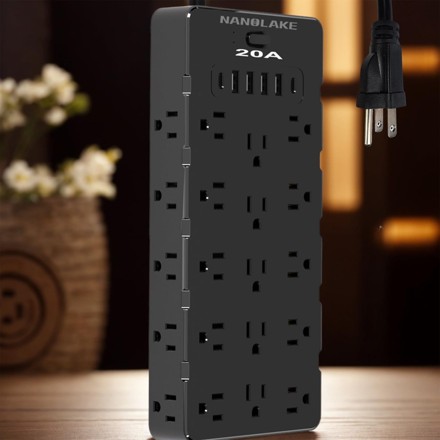 20 Amp Power Strip Surge Protector,Straight Plug Heavy Duty 12 Gauge Cord 6.5 ft,2000W 25 AC Outlets,6 Fast USB Ports,4000 Joules Protection,Office Workshop Household Garage Black