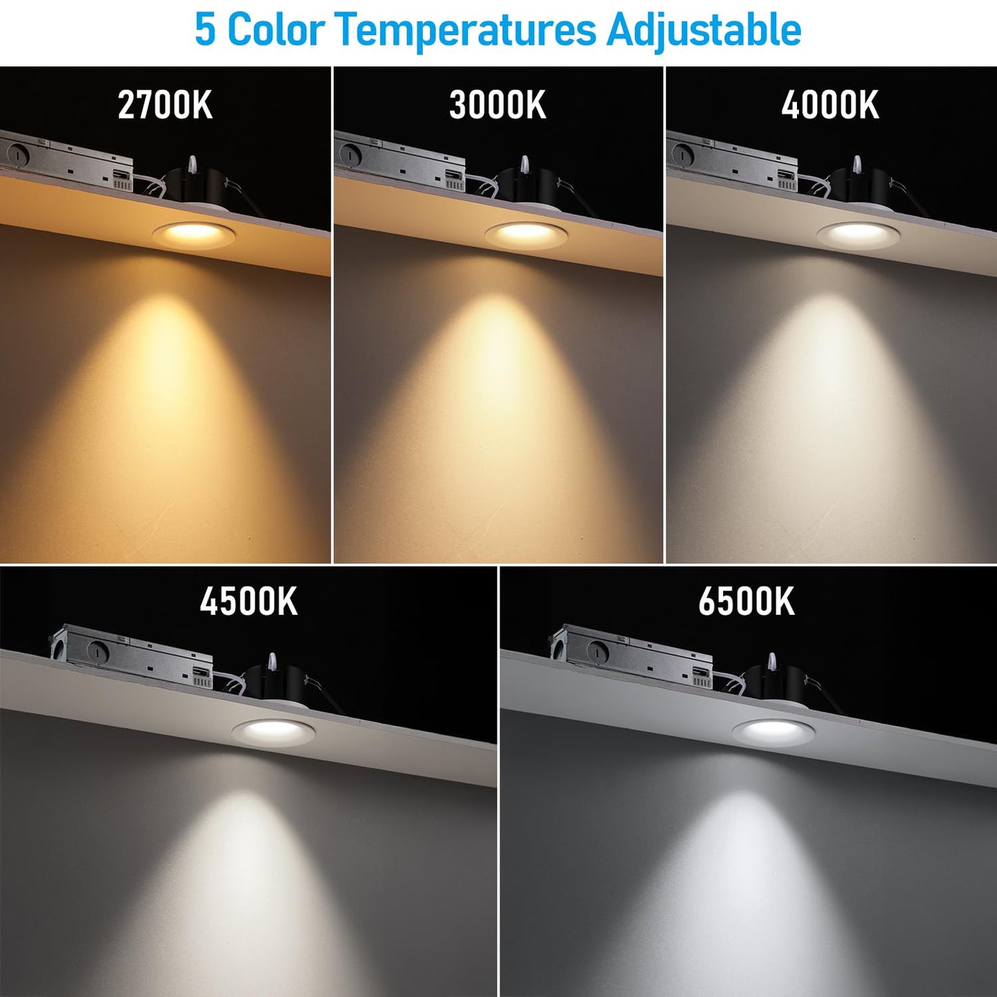 TORCHSTAR 5CCT Trimless 3 Inch LED Recessed Light, 12W 3 Inch Canless Dimmable LED Downlights with Junction Box, Curve Recessed Downlight, 2700K/3000K/4000K/4500K/6500K Selectable, CRI 90, Pack of 2