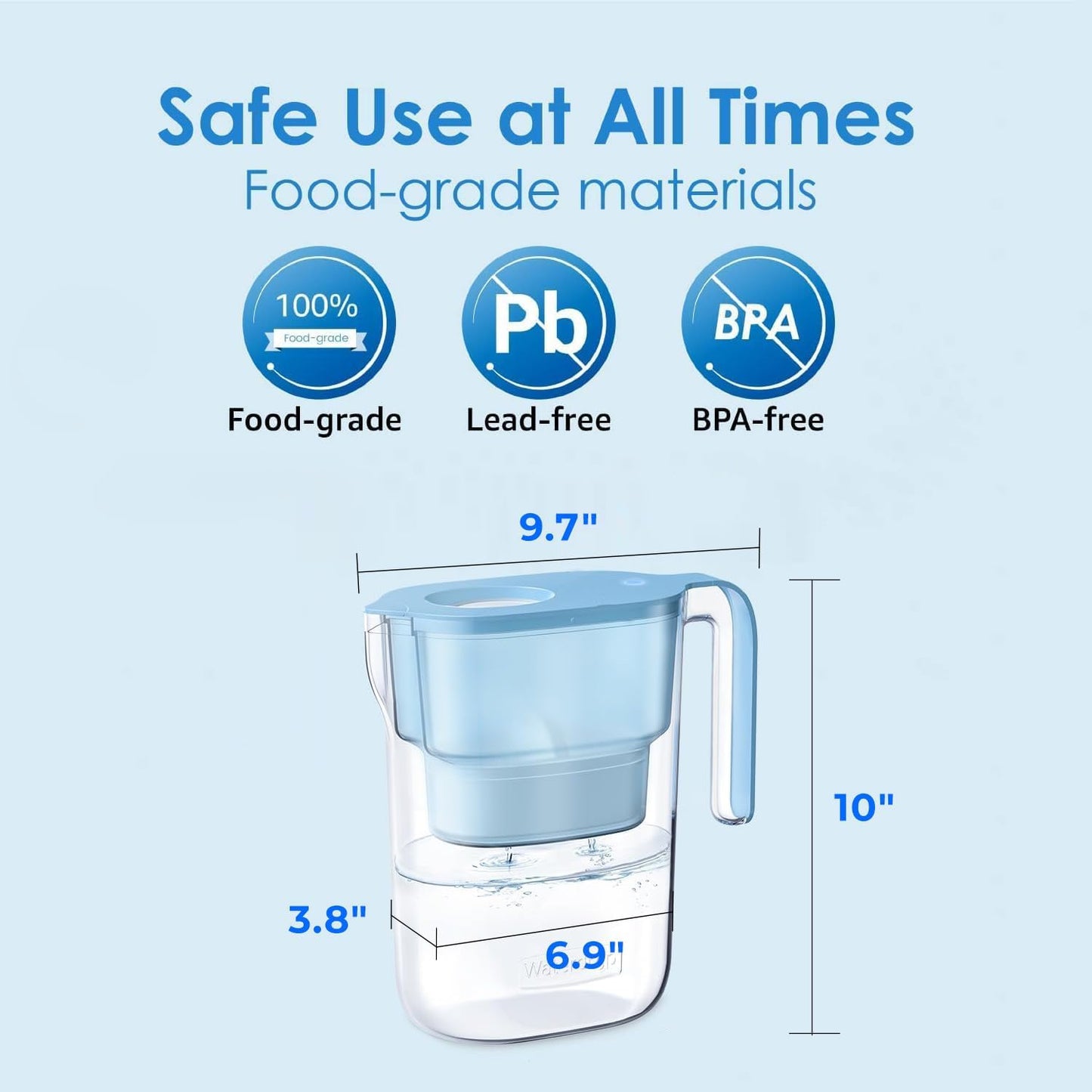 Waterdrop PT-05B Water Filter Pitcher with 3 Filters, 7-Cup Capacity, NSF Certified, 5X Longer Filter Life, Up to 600 Gallons, Fridge-Friendly Design, Reduces PFOA/PFOS and Chlorine, Blue