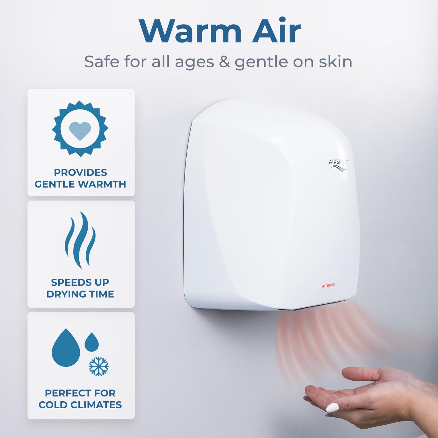 AIRSPIRE Electric Hand Dryer for Commercial Bathrooms & Home Use (110-120V) - Energy Efficient 1100W Automatic Hand Dryer - HEPA Air Filtration & UV Protection - Wall Mounted, 78 dB - Warm Air (White)