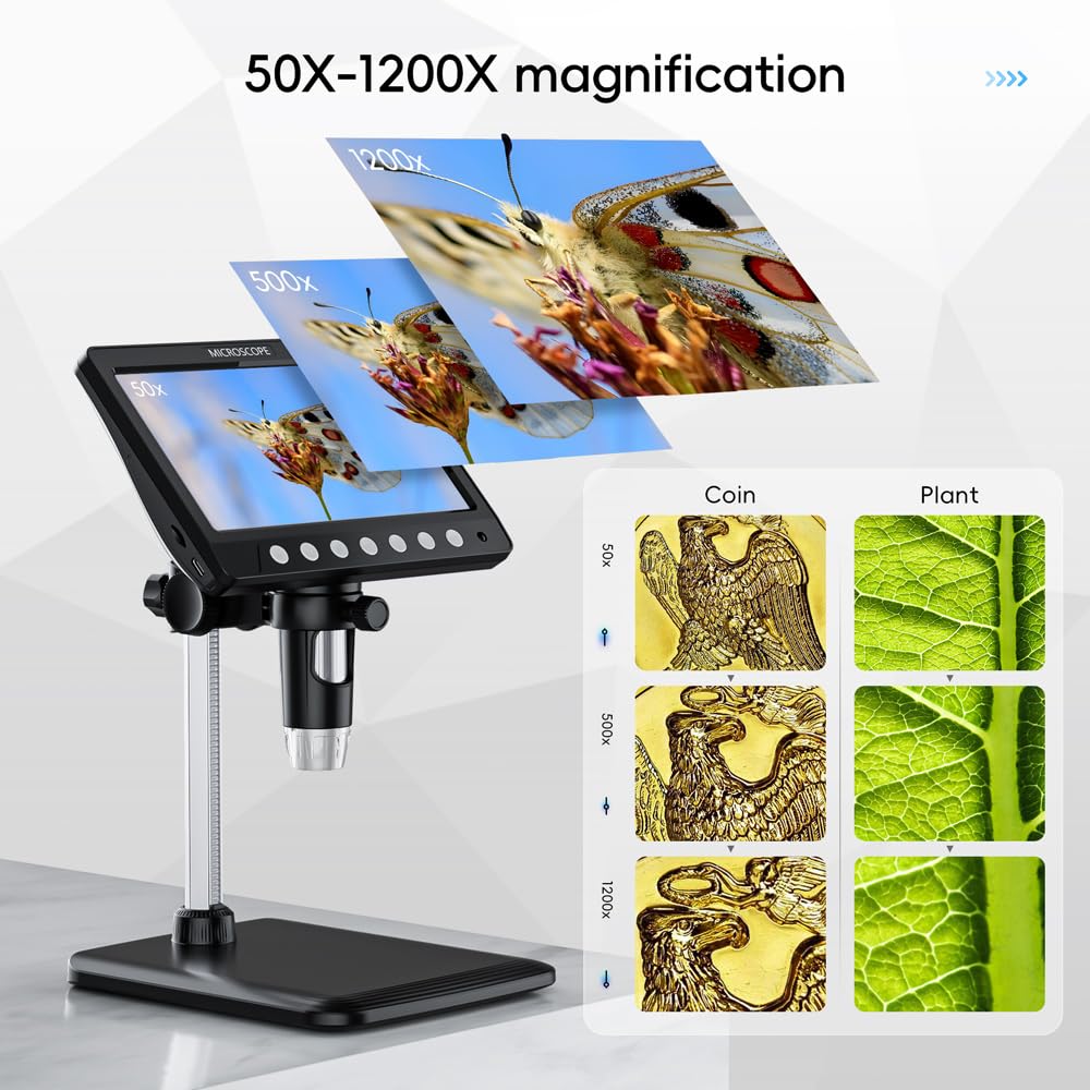 7" Digital Microscope for Adults, SKYEAR Coin Microscope 1200X Magnification with 8 Ajustable LED Fill Lights and 32GB Card, USB Microscope for Windows/MacOS, Coin Collection Supplies