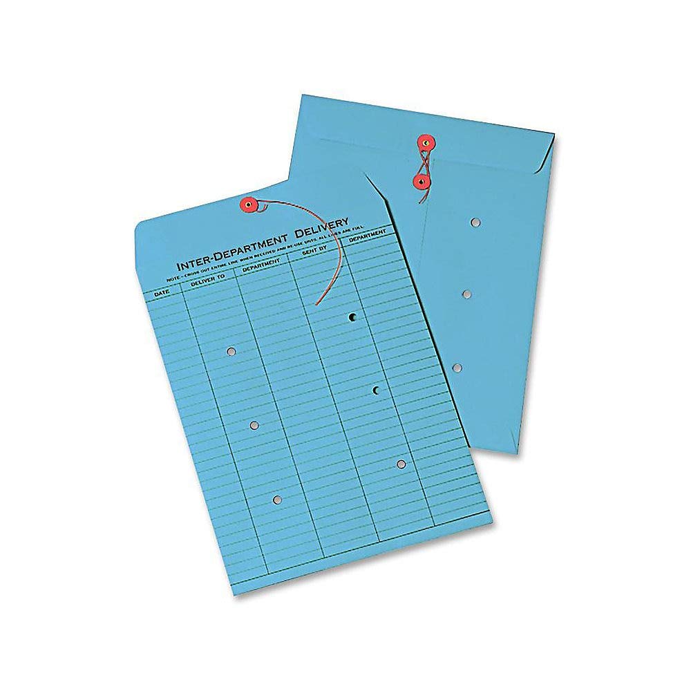 Quality Park Interdepartment String & Button Closure Envelopes, 10" x 13", 1-Sided Narrow Rule, Blue, Box of 100 (QUA63577)
