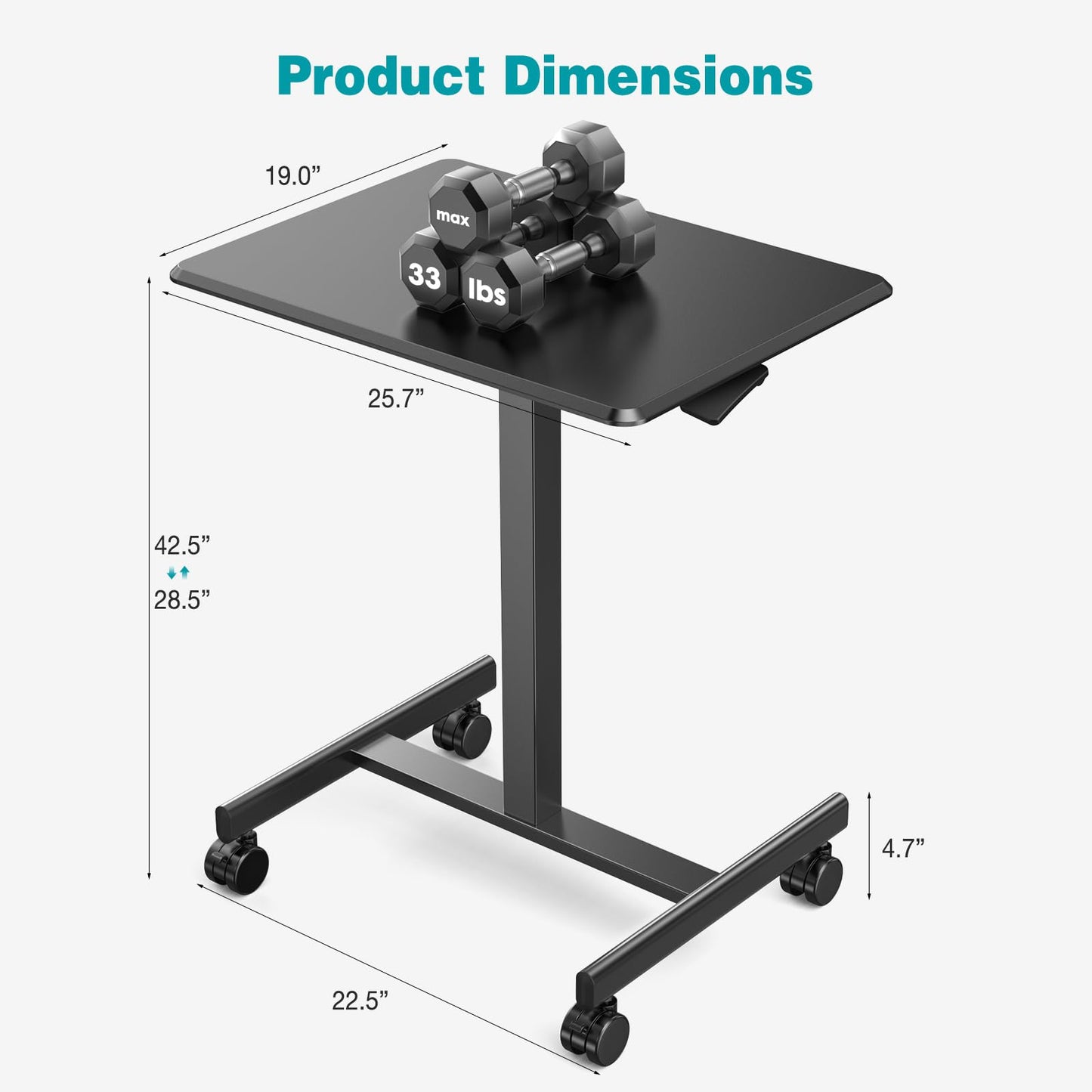 DUMOS Mobile Small Standing Desk, Portable Rolling Laptop Desk with 2 Lockable Wheels, Adjustable Height Computer Workstation for Home Office, 19 Inch Black